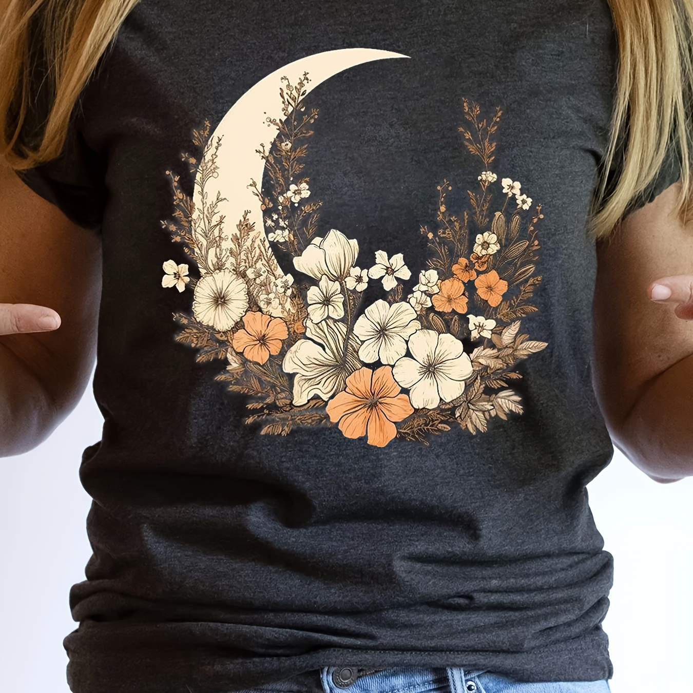 

Floral & Moon Print T-shirt, Casual Short Sleeve Crew Neck Top, Women's Clothing