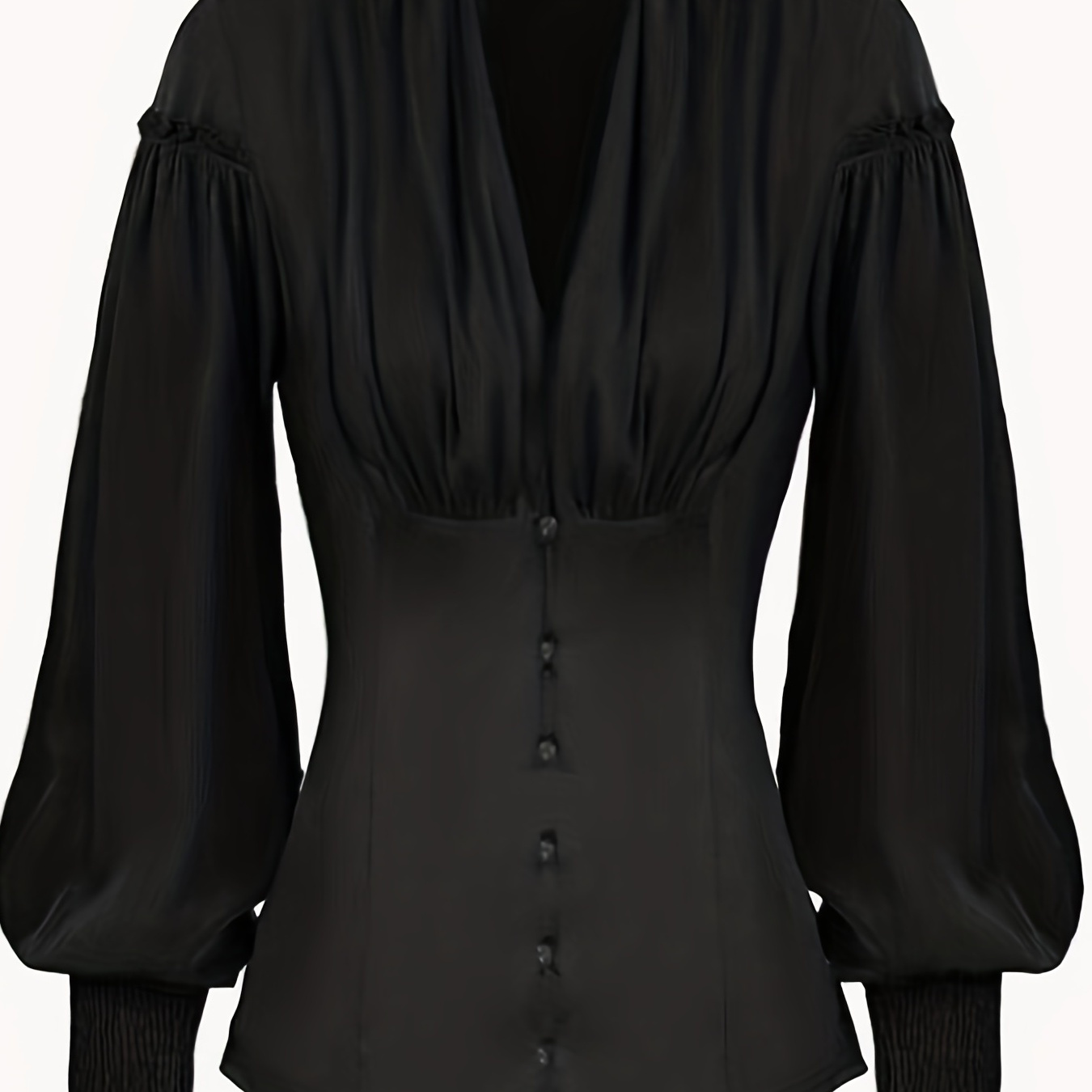 

Victorian-inspired Elegant Blouse For Women - 100% Polyester Long Sleeve V-neck With Shirred , Solid Color Woven Shirt