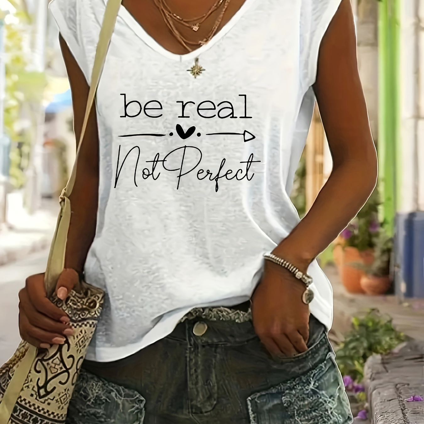 

Be Real Not Perfect Print V Neck T-shirt, Casual Short Sleeve Top For Spring & Summer, Women's Clothing