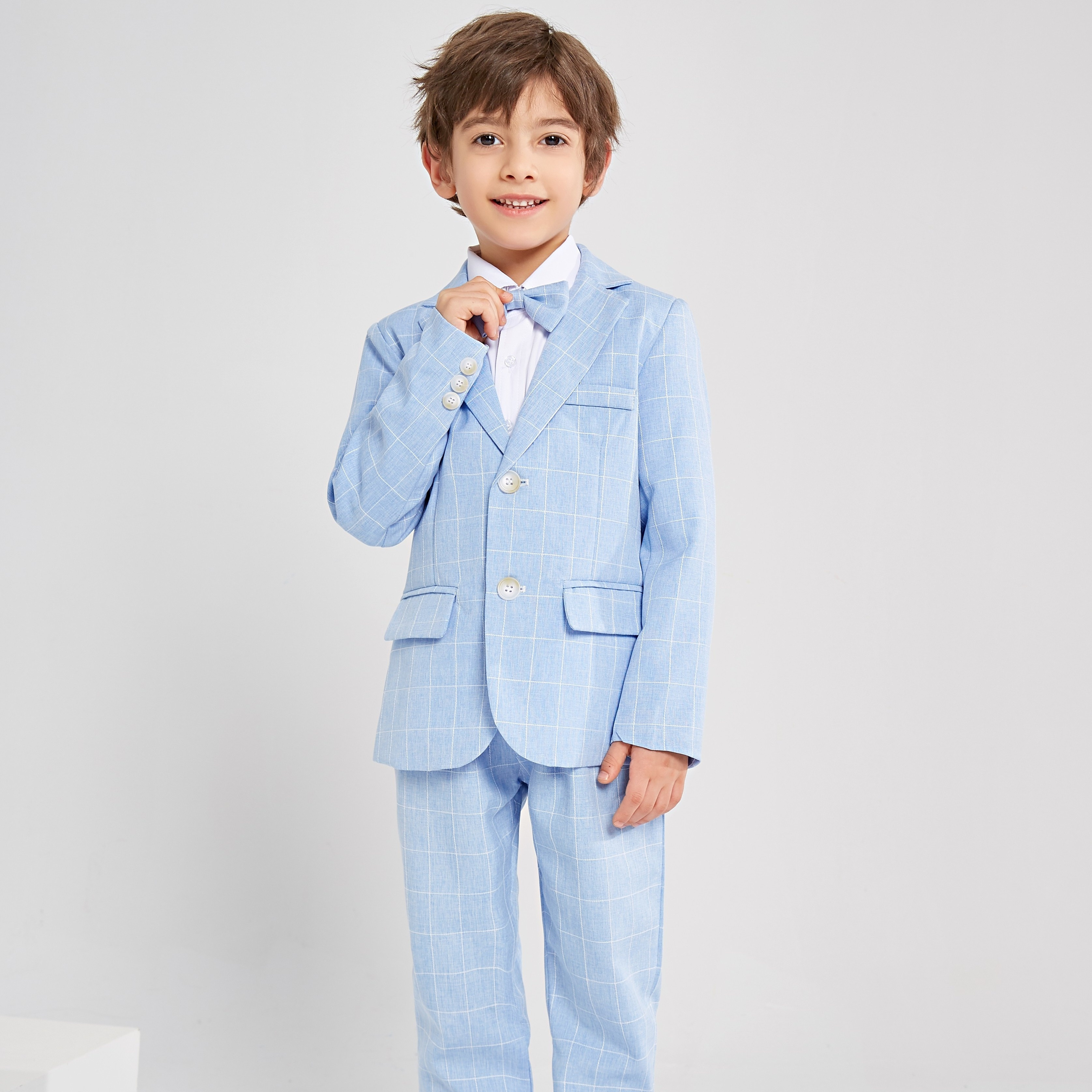 

3pcs Boys Formal Plaid Gentleman Outfits Long Sleeve Blazer&bowtie&pants, Kids Clothing Set For Competition Performance Wedding Banquet Dress