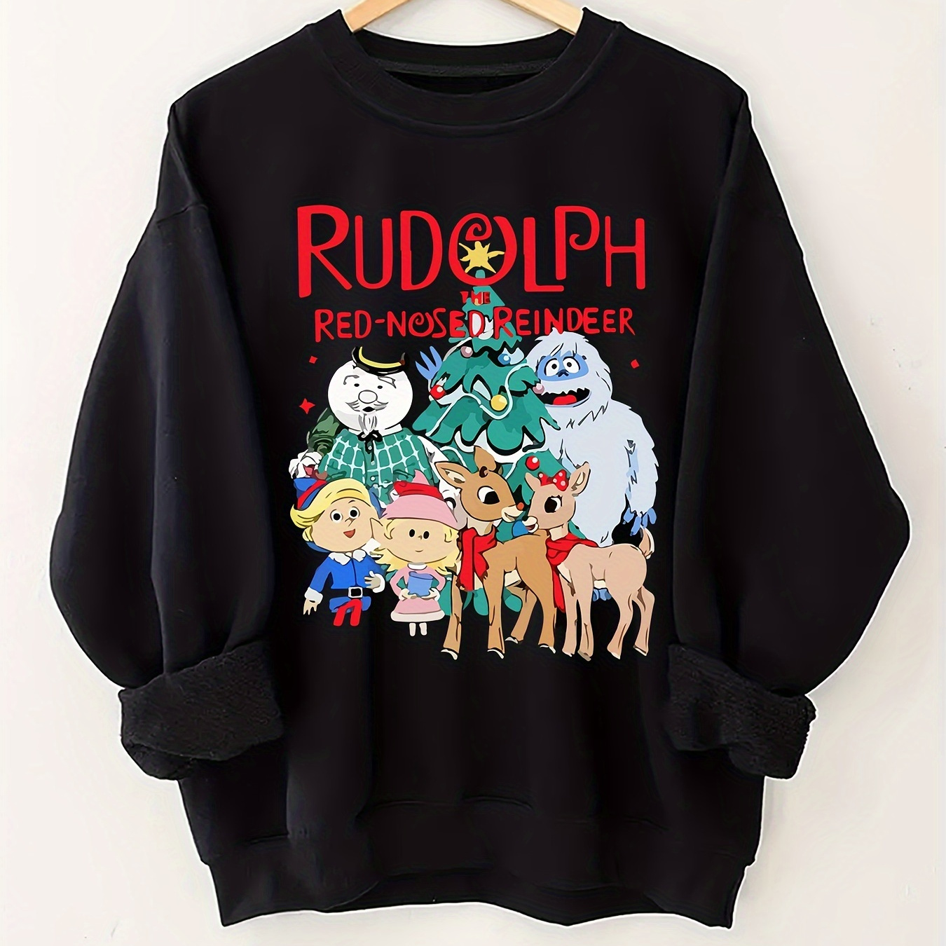 

- Reindeer Themed Crew Neck Sweatshirt - Casual Polyester Knit Fabric Christmas Graphic Pullover For Fall/winter