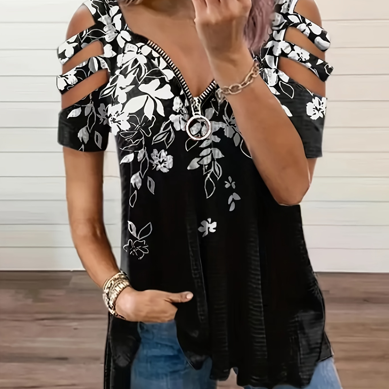 

Floral Print Cut Out Sleeve T-shirt, Casual Half Zip V Neck Summer T-shirt, Women's Clothing