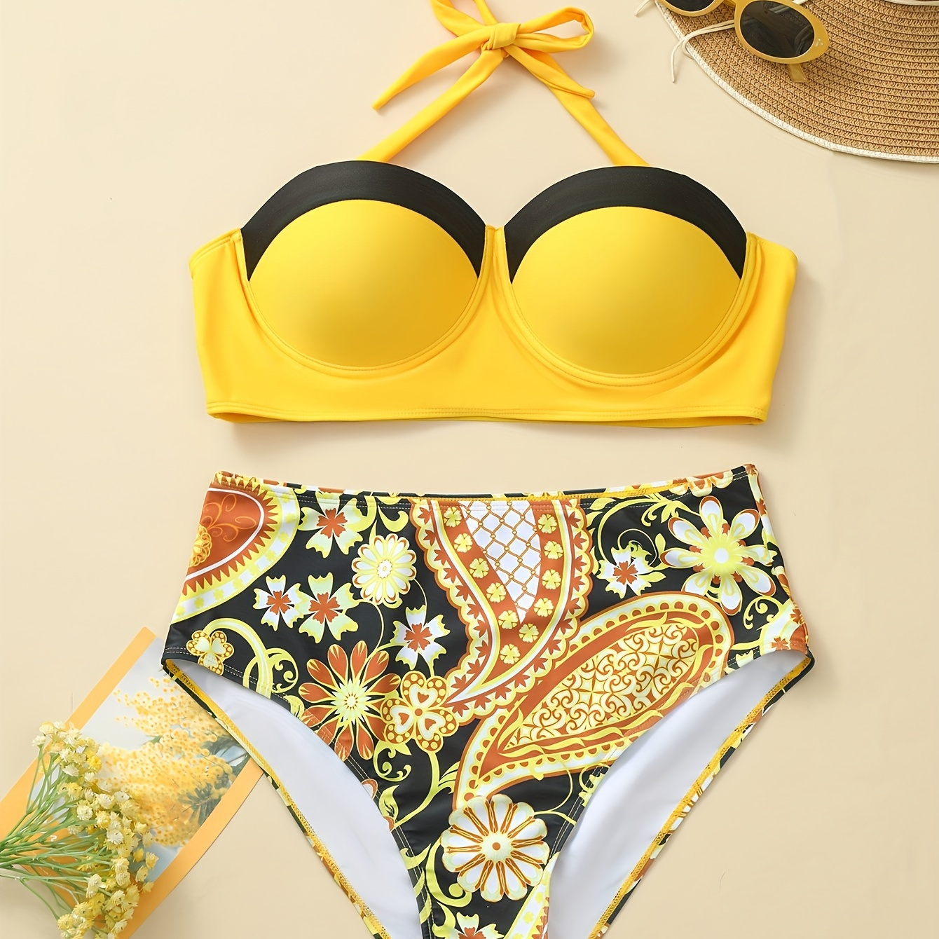 

Plus-size High-waisted Bikini Set, Two-piece Swimwear, Sexy Floral Pattern Bottoms, Beachwear For Women