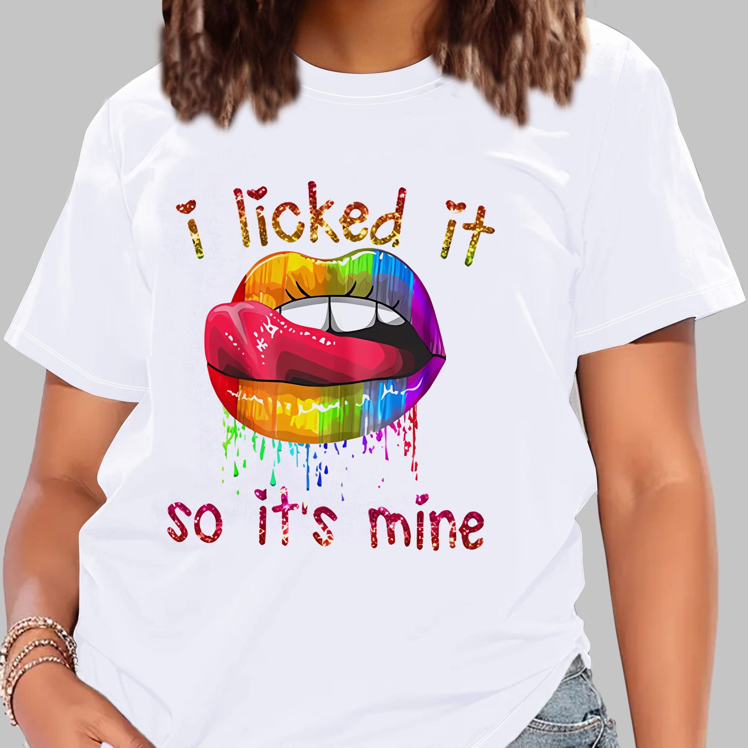

Colorful Lips Print T-shirt, Crew Neck Short Sleeve T-shirt, Casual Sport Tops, Women's Clothing
