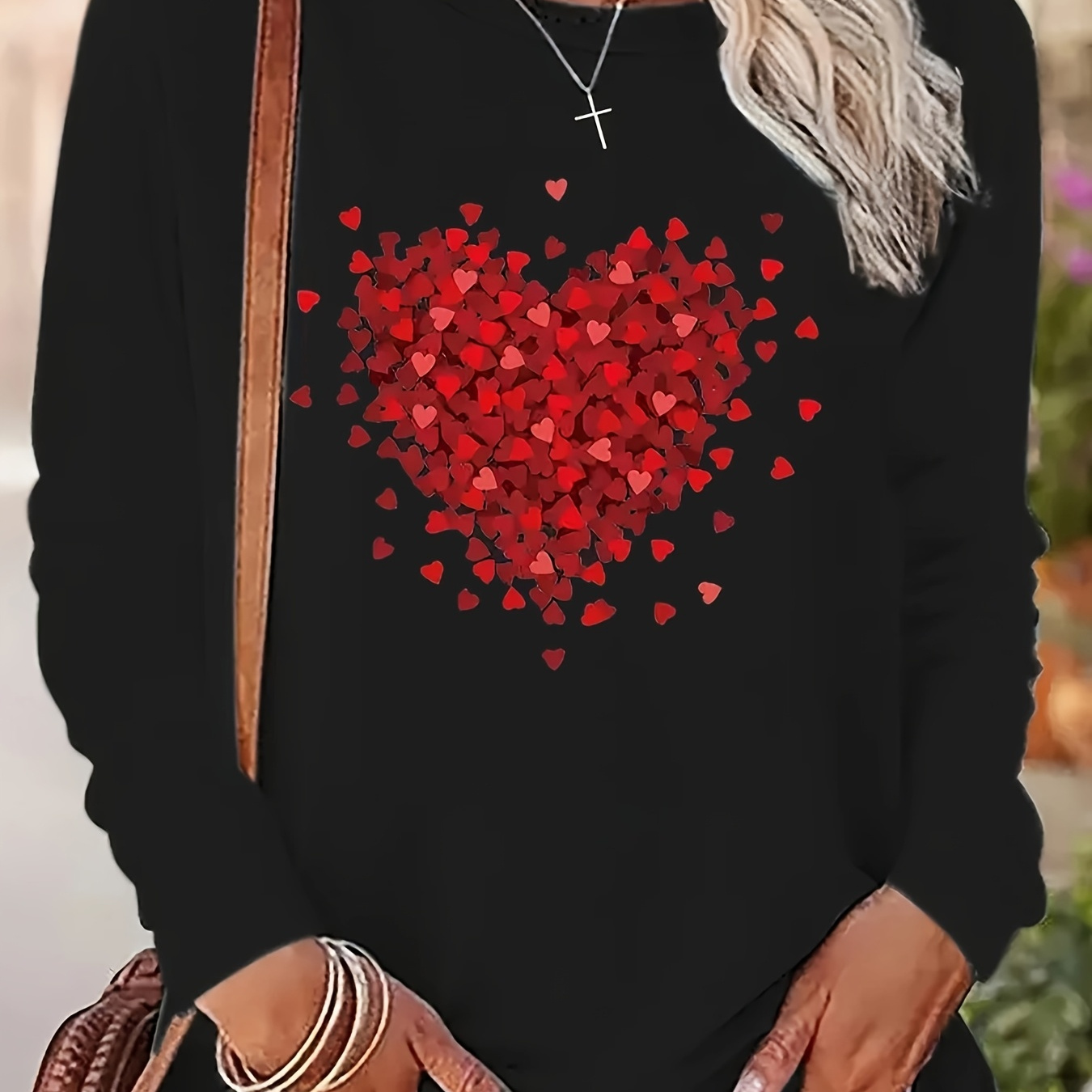 

Women's Long Sleeve T-shirt With Heart Print, Casual Crew Neck, Lightweight Knit Top, Polyester 95% Spandex 5%, Fashion Essential