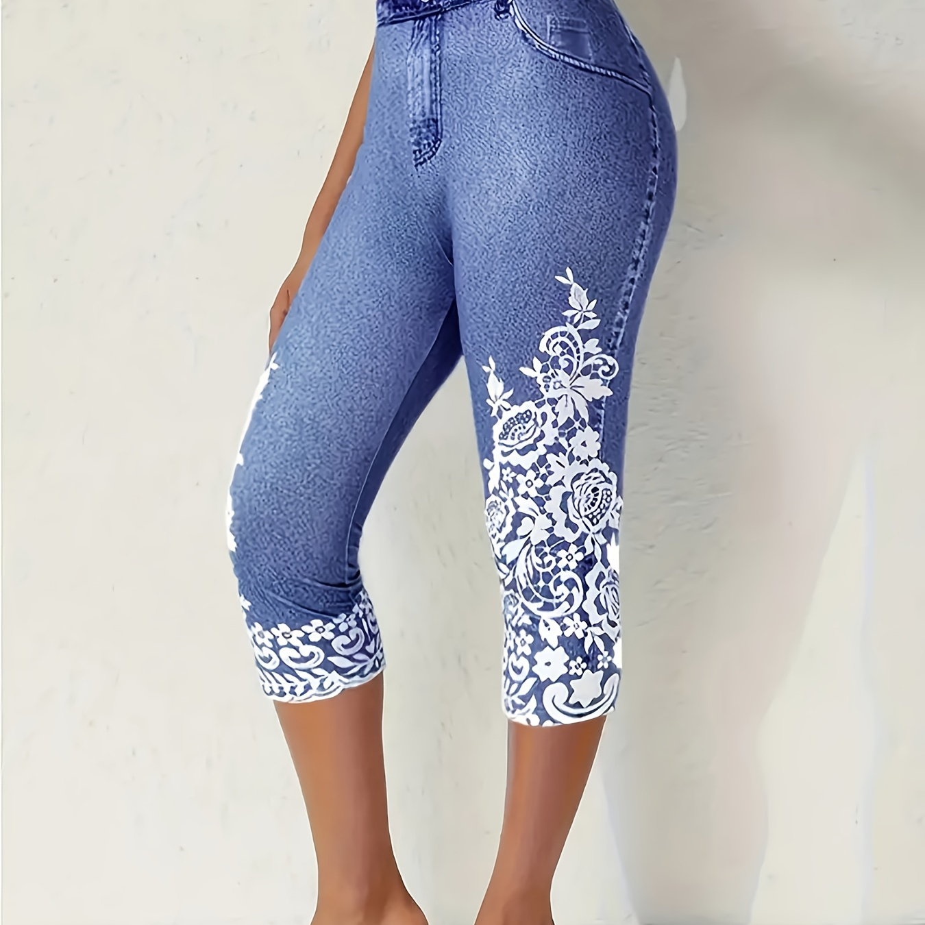 

Floral Print Skinny Capri Leggings, Casual Leggings For Spring & Summer, Women's Clothing