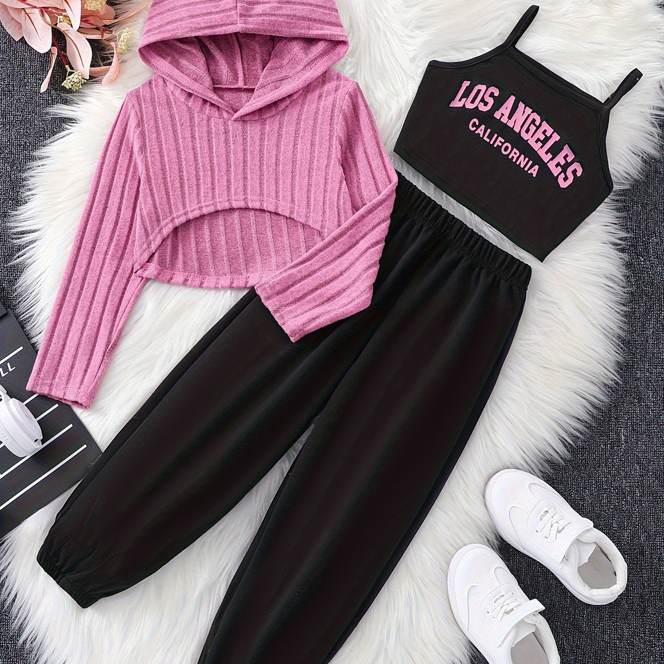 

Girl'- Set: Long-sleeved Hooded + Letter Camisole Top + Trousers, Suitable For & ,