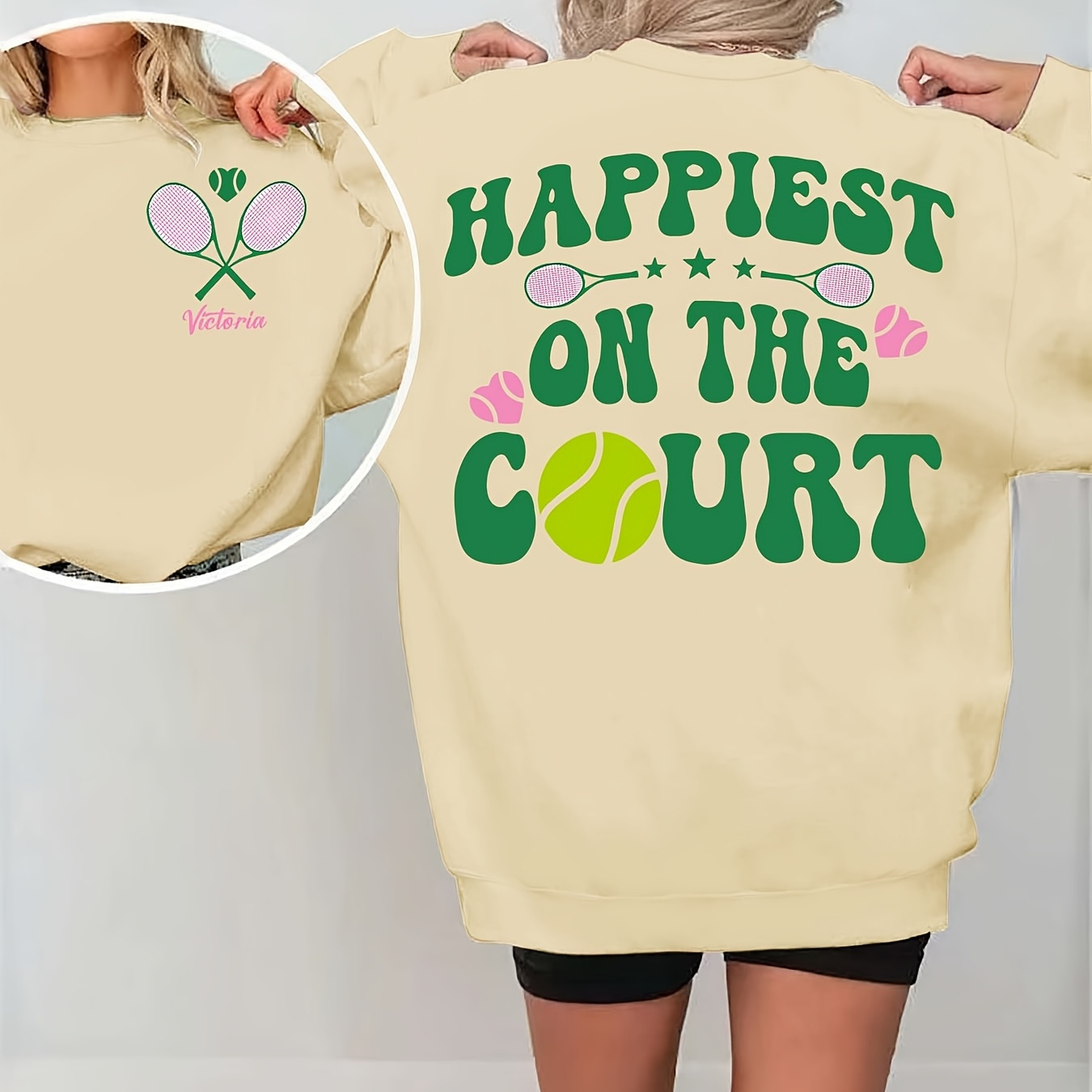 

[1pc "happiest " Tennis Series Sweatshirt] Happiest Tennis Series Crew Neck Sweatshirt, Casual Polyester Knit Fabric, Alphabet Pattern, 250gsm, For Fall/winter