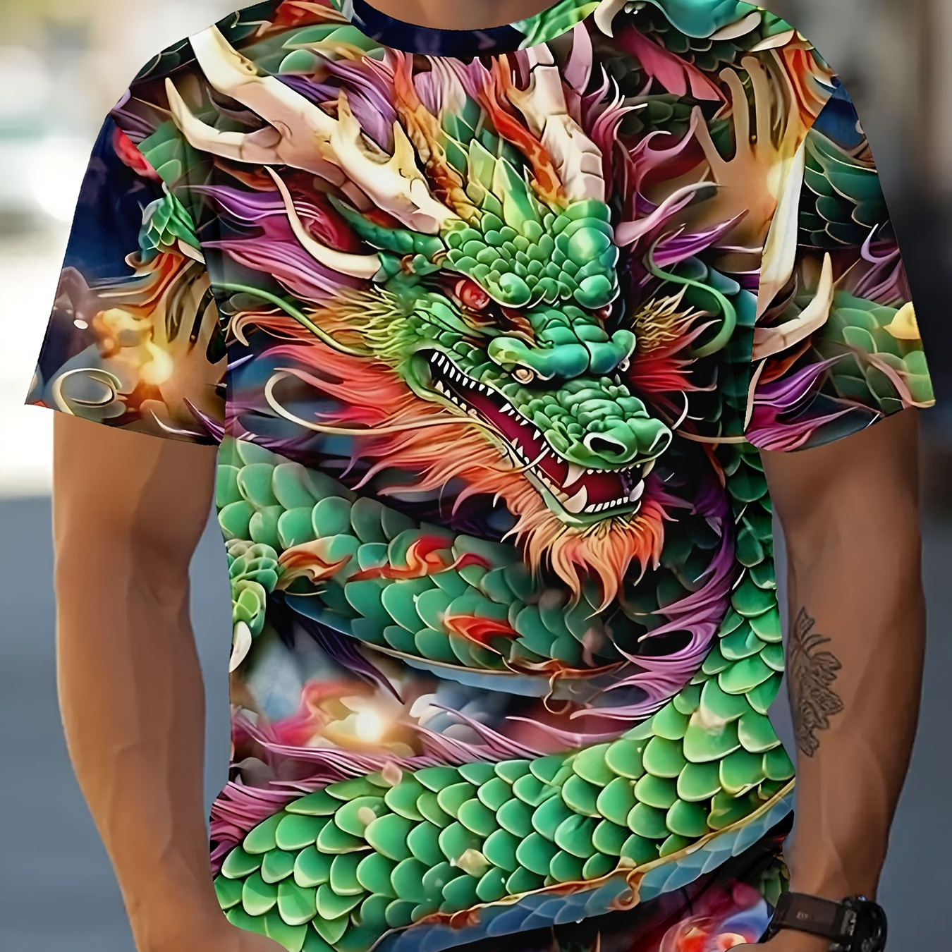 

T-shirt Imprimé Dragon Pour Hommes, Tee-shirt Décontracté À Manches Courtes Et Col Rond, Vêtements Pour Hommes Pour L'extérieur