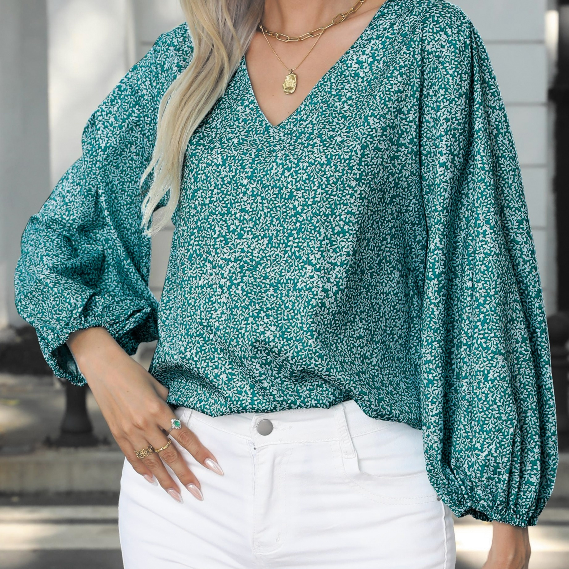 

Floral Print Lantern Sleeve Blouse, Casual V Neck Long Sleeve Blouse For Spring & Fall, Women's Clothing