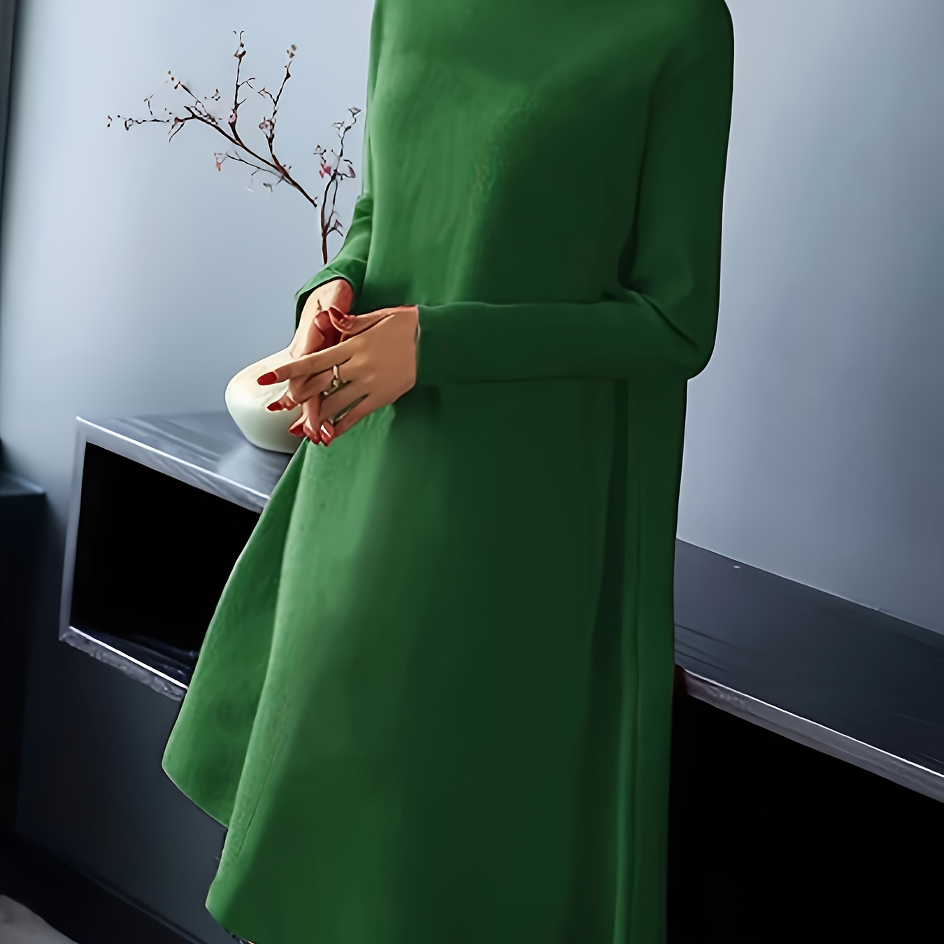 

Long Sleeve Loose Knit Dress, Elegant Mock Neck Knee Length Dress For Fall & Winter, Women's Clothing