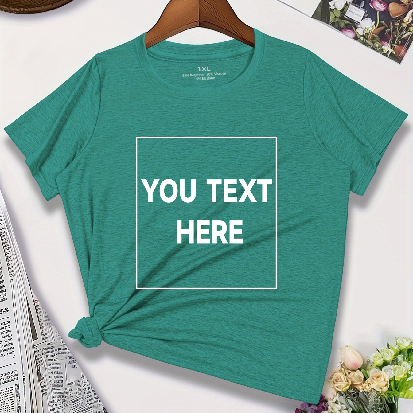 

Plus Size Custom Personalized Text Print T-shirt, Casual Crew Neck Short Sleeve Top For Spring & Summer, Women's Plus Size Clothing