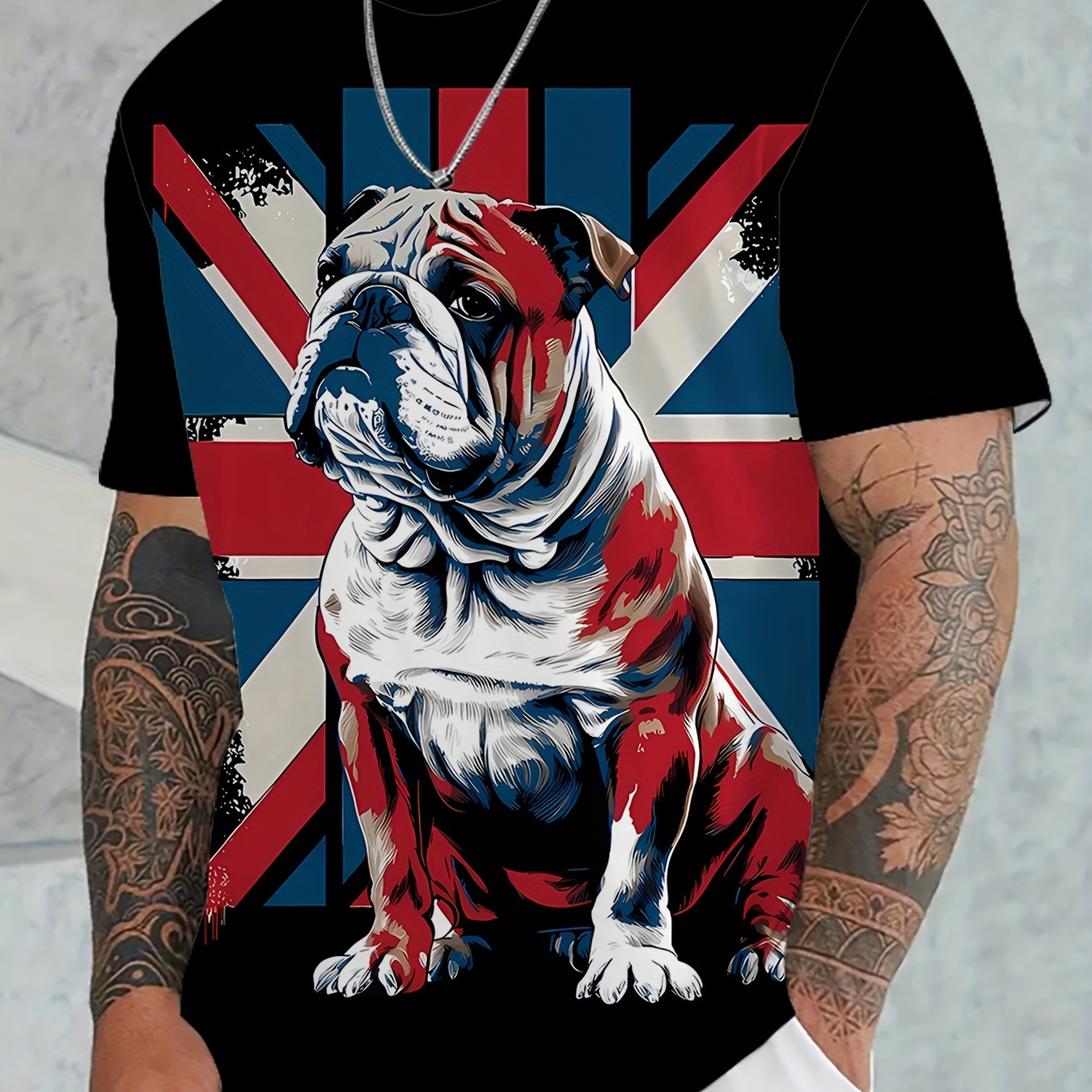 

Men's Bulldog And English Flag Pattern Crew Neck And Short Sleeve T-shirt, Chic And Stylish Comfy Tops For Summer Outdoors And Sports Wear