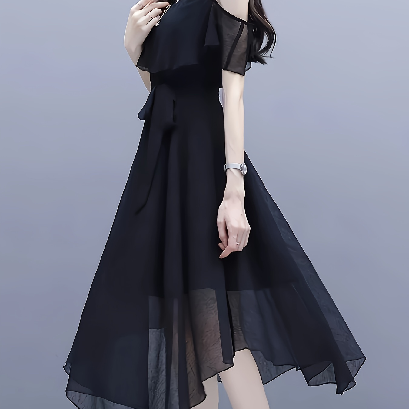 

Lace Up Cold Shoulder Dress, Elegant Crew Neck Dress For Party & Banquet, Women's Clothing