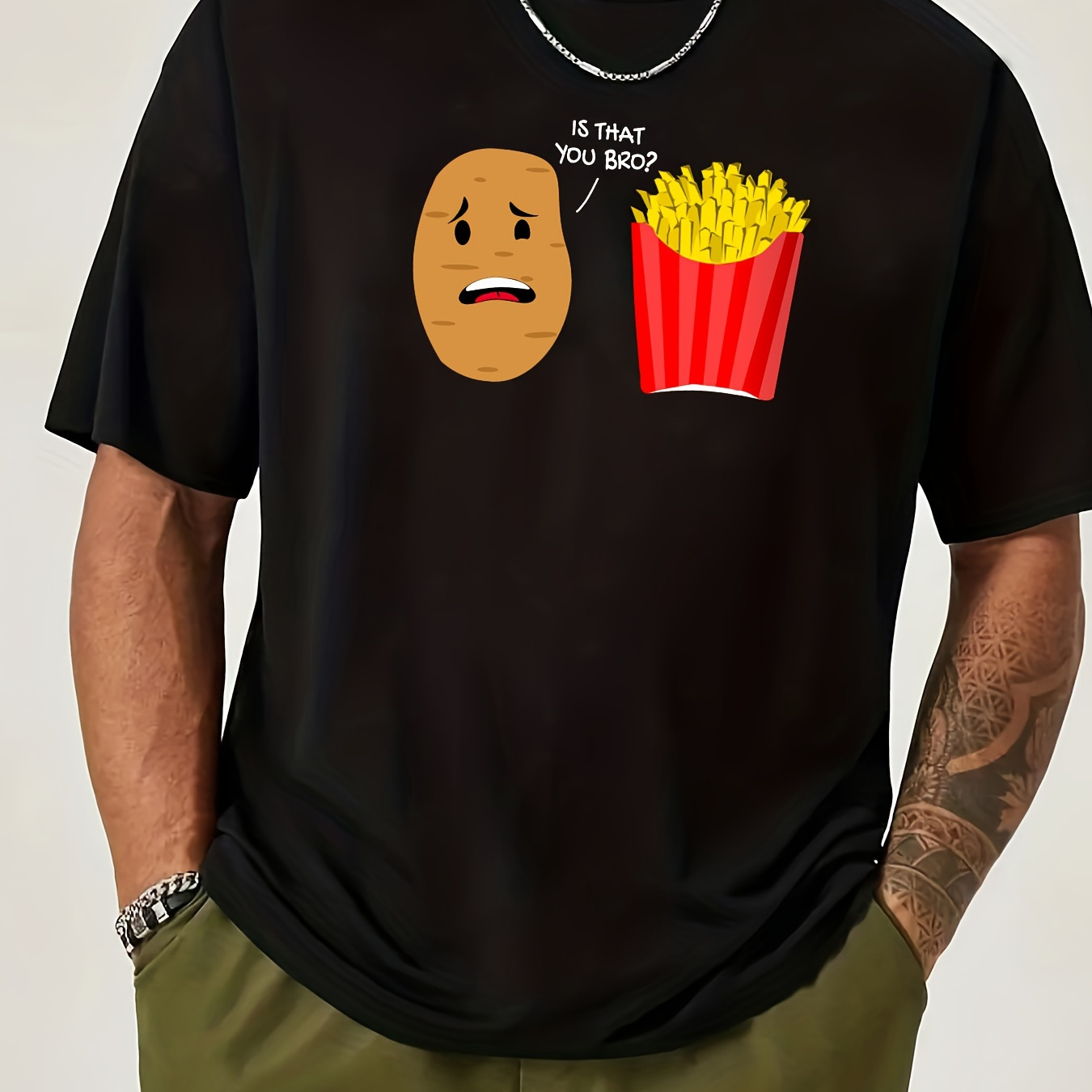 

Plus Size Crew Neck T-shirt For Men, Potato Is That You Bro Funny French Fries Graphic Print Short Sleeve Tees For Spring/summer, Casual Style