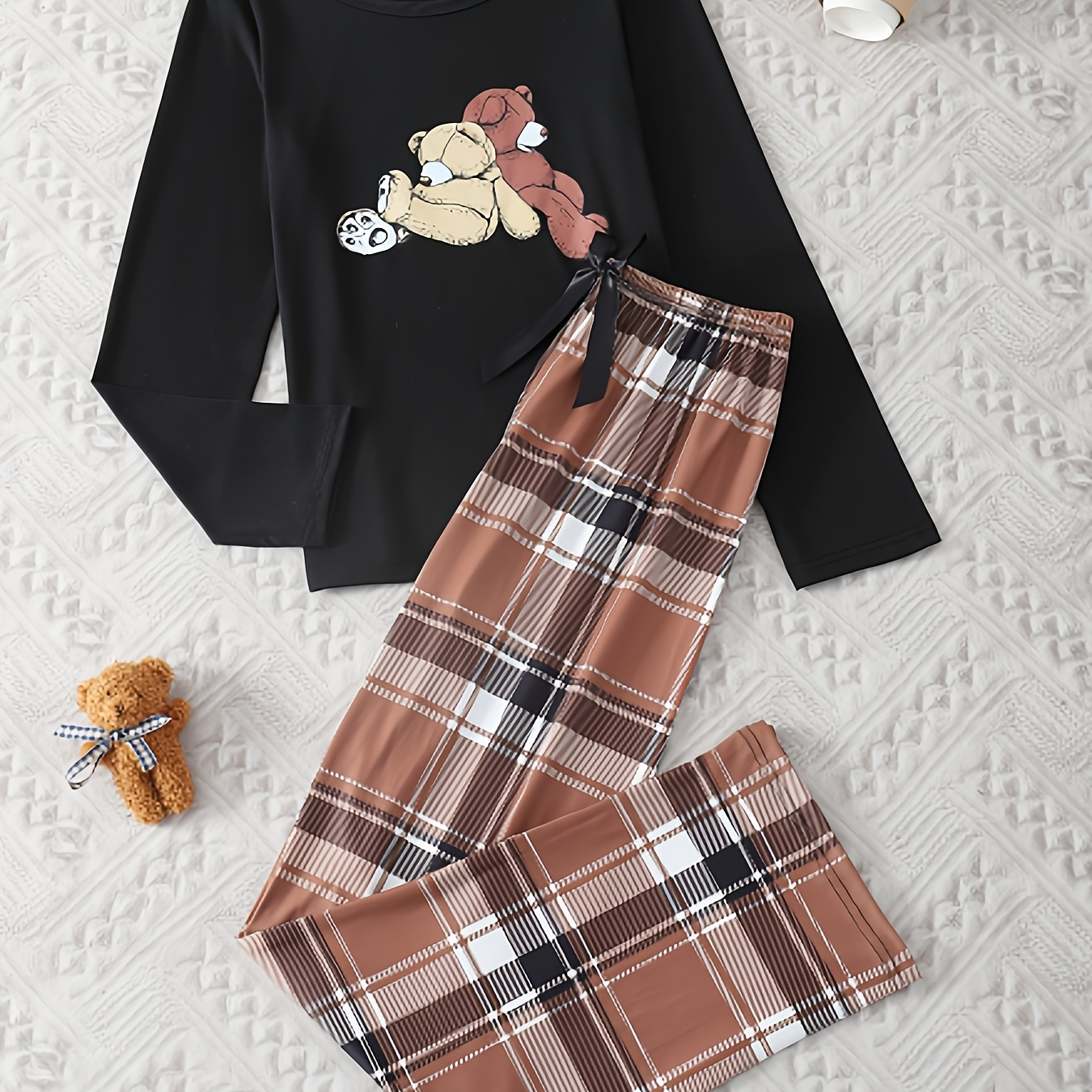 

Women's Cute Bear & Print Lounge Set, Long Sleeve Round Neck Top & Pants, Comfortable Relaxed Fit For Fall