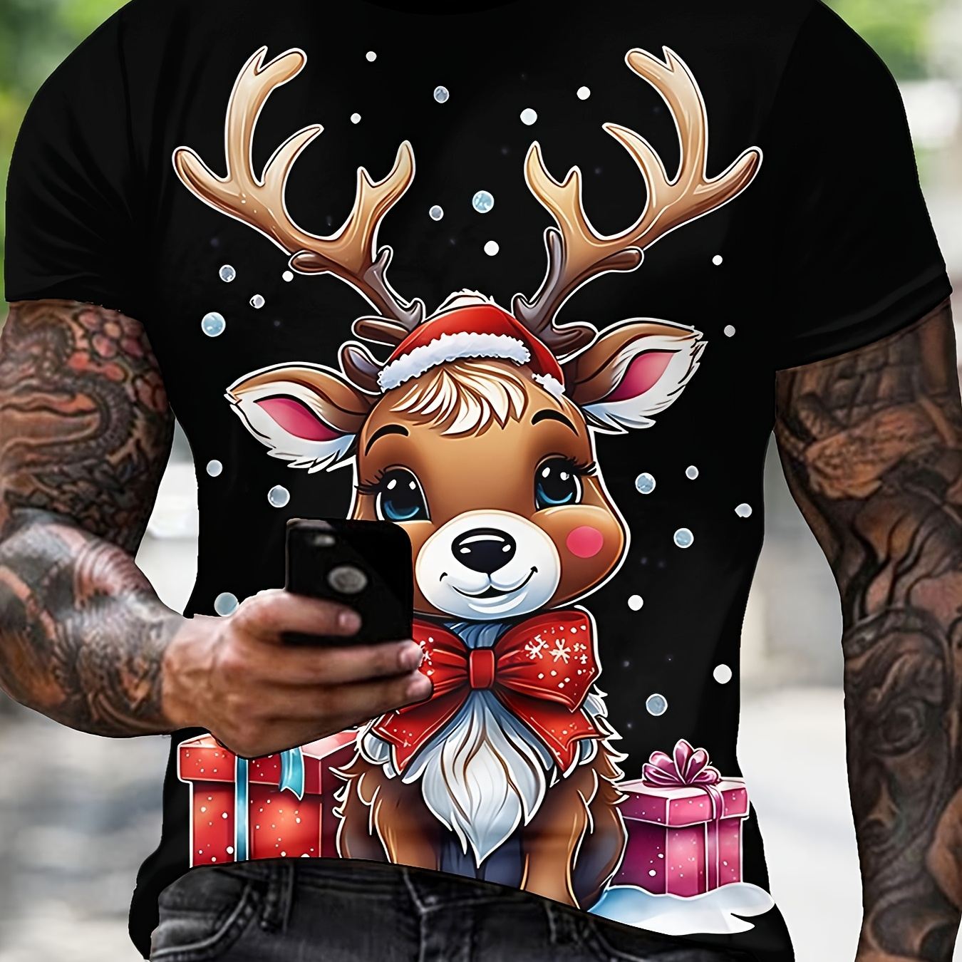 

[customer ] Men's 3d Christmas Reindeer Print T-shirt - Casual Crew Neck, Short Sleeve, Summer Navy & Black, Polyester Knit Fabric