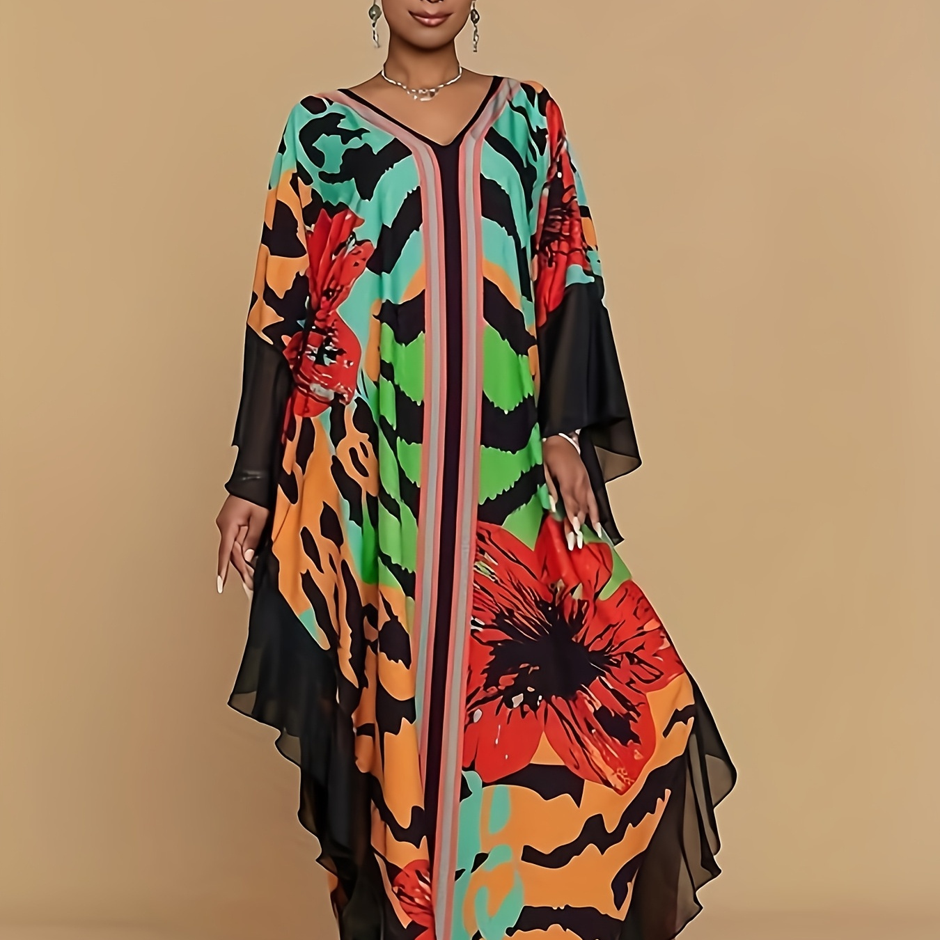 

Plus Size Elegant V-neck Caftan Cover Up For Women - Floral & Striped Long Sleeve Kaftan Dress With Tulle Detail, Swimwear & Resort Wear, Swimsuit Cover Size