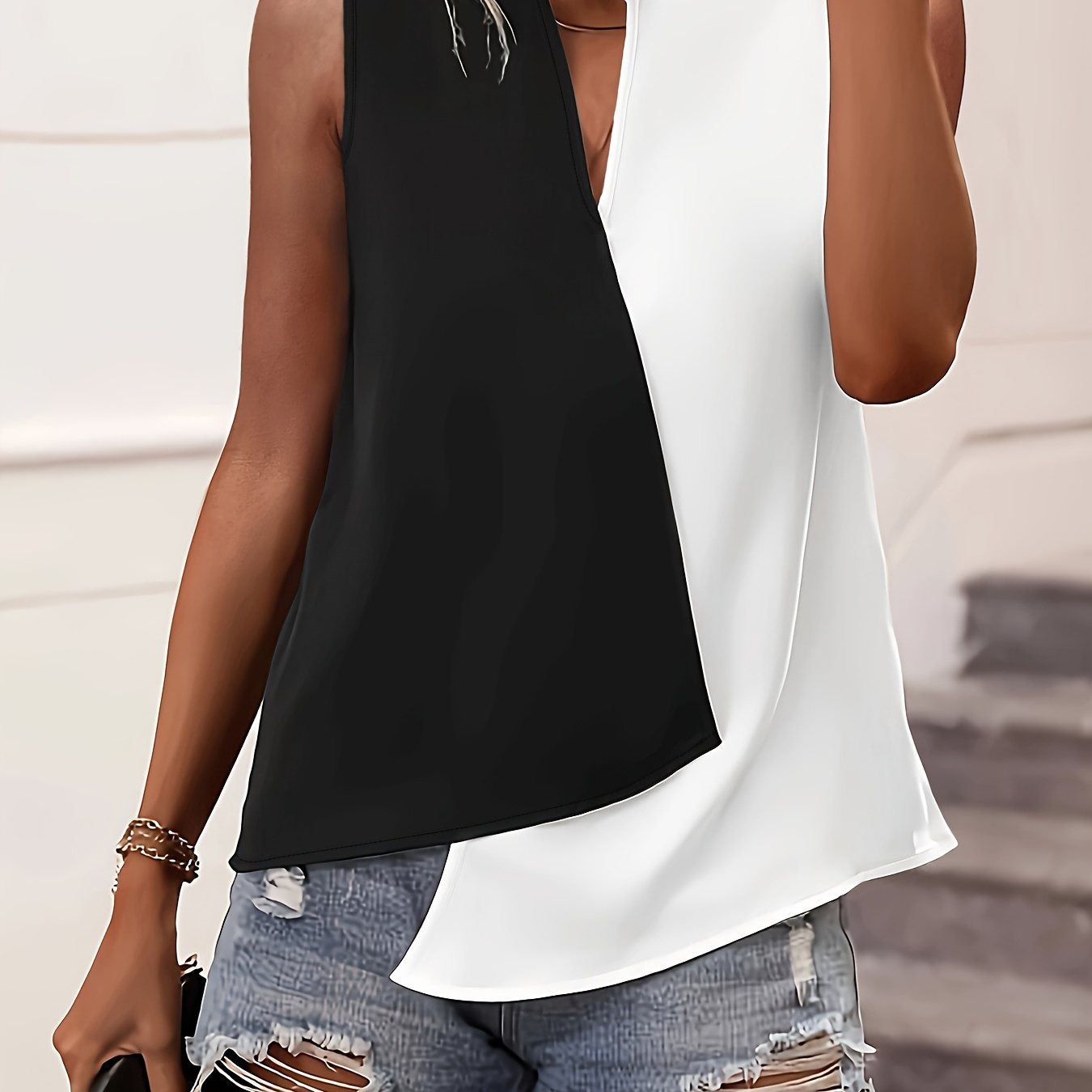 

Solid Color Notched Neck Blouse, Casual Sleeveless Asymmetrical Blouse Top For Spring & Summer, Women's Clothing