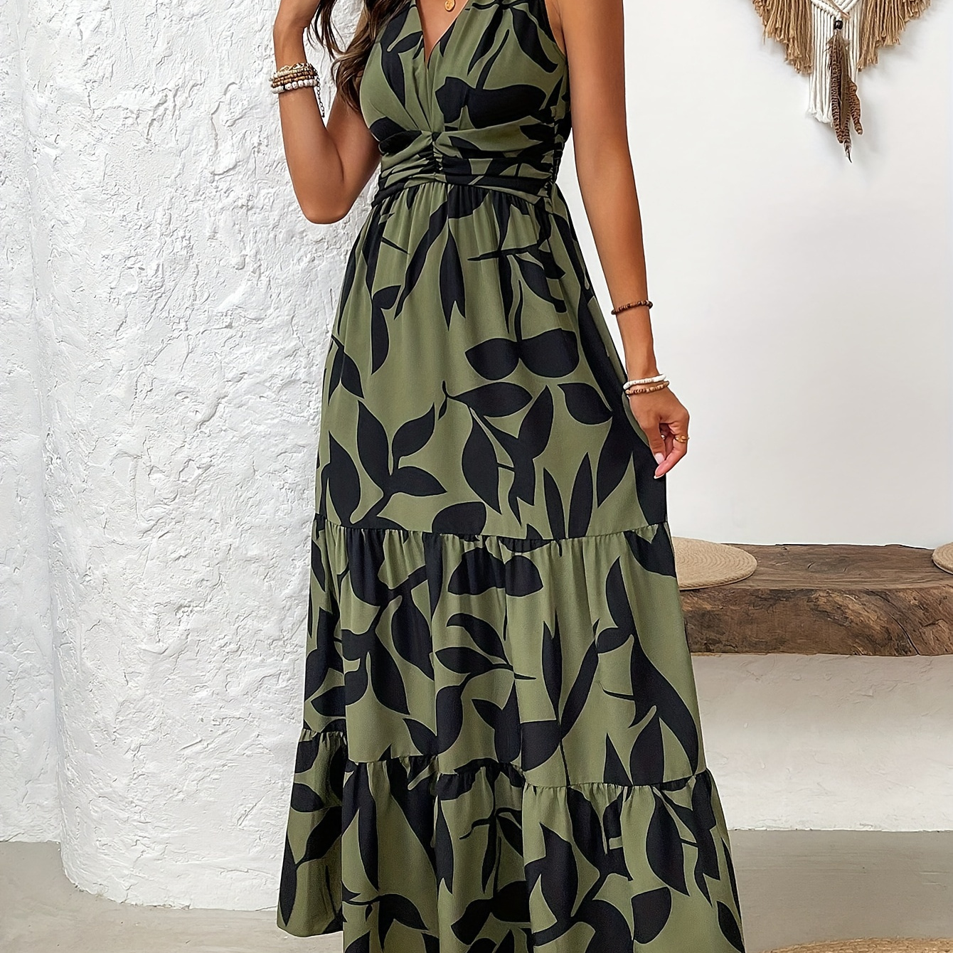 

Robe longue manches à col en V pour femme - Robe trapèze en polyester à imprimé floral d'été et ourlet à volants