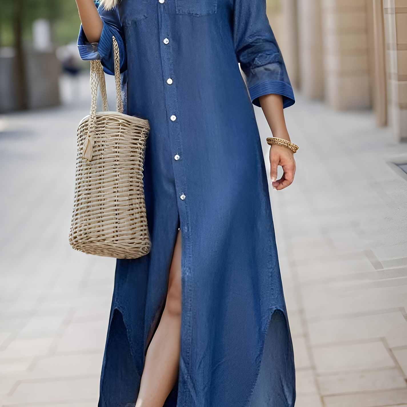 

Solid Color Flap Pockets Collared Dress, Casual Button Front Long Sleeve Long Length Shirt Dress For Spring & Fall, Women's Clothing