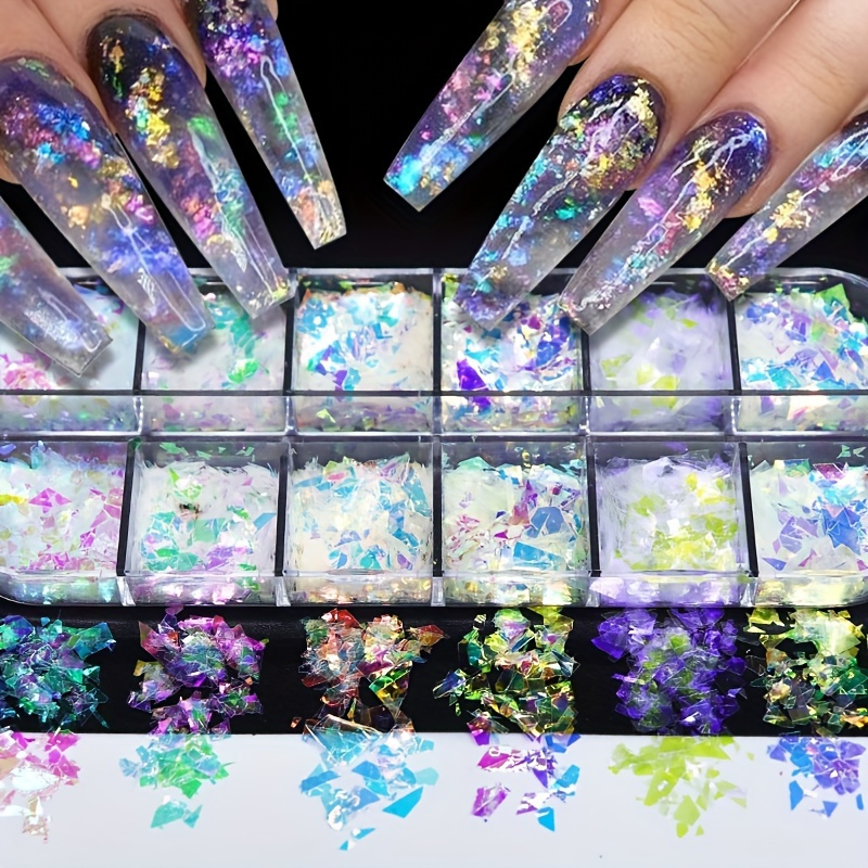

12 Grids Ab Mermaid Nail Sequins Decorations Shiny Ultra-thin Aurora Irregular Flake Nail Supplies For Professionals Accessories