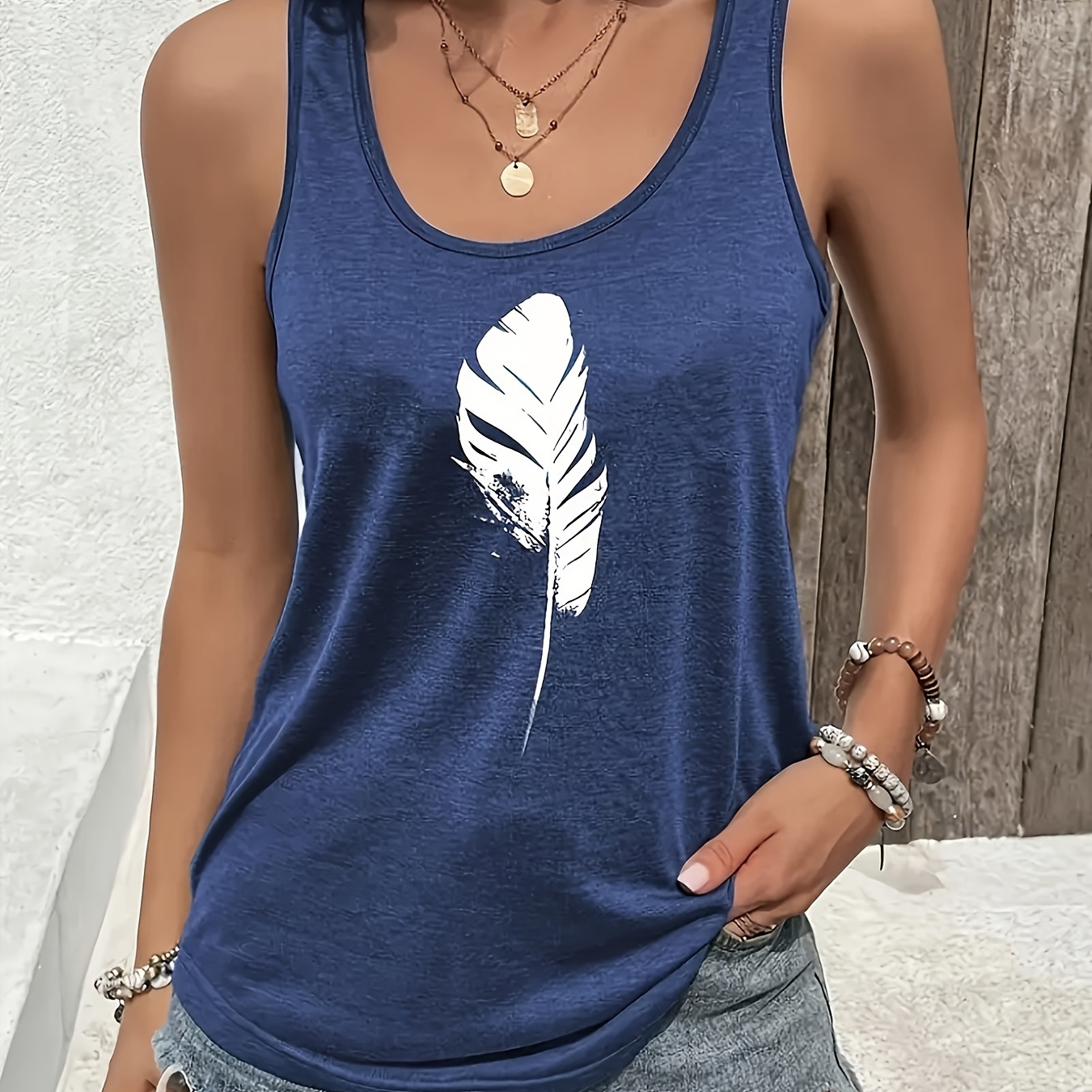 

Feather Print Tank Top, Vacation Casual Sleeveless Tank Top For Summer, Women's Clothing