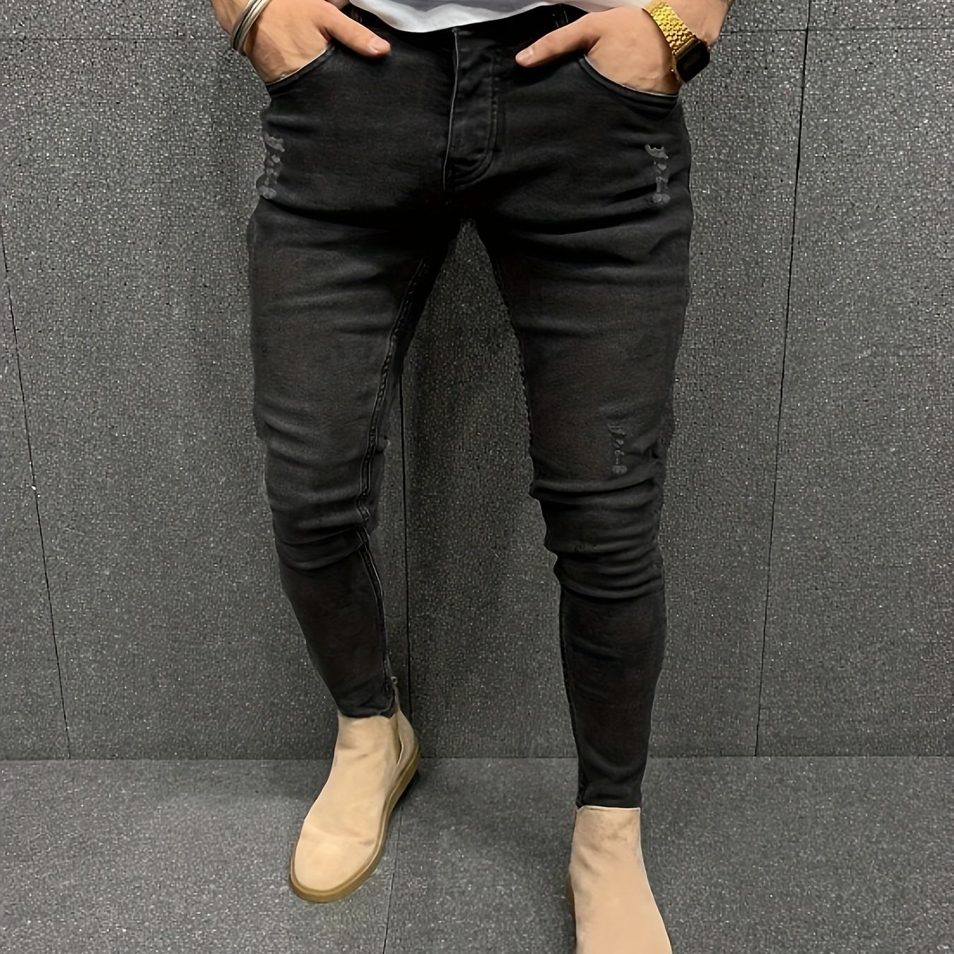 

Men's Casual Skinny Fit Ripped Jeans, Men's Versatile Street Style Denim Pants For All Seasons