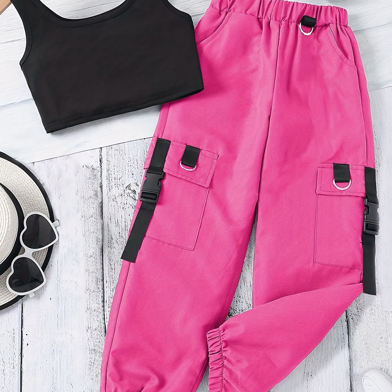 

Girls Casual & Trendy Outfit, 2pcs/set Solid Colored Crop Top & Cargo Pants With Flap Pockets For Summer