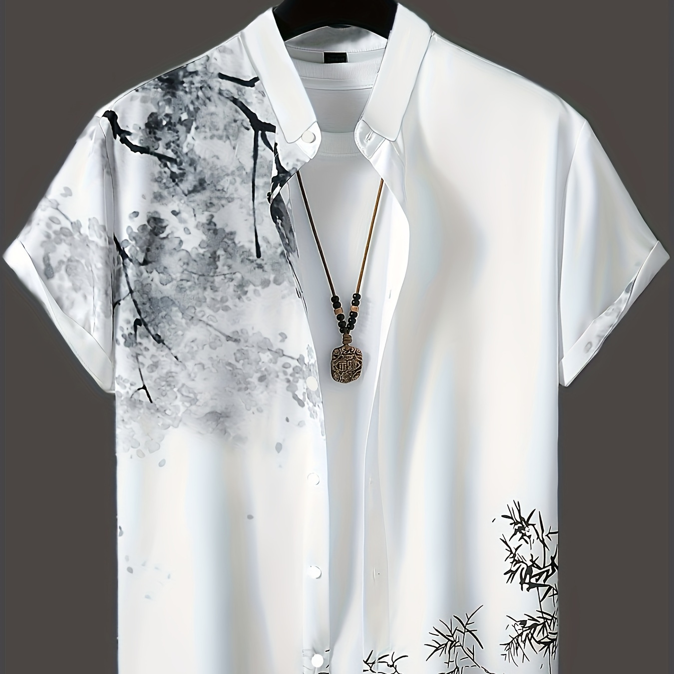 TEMU Men's Ink Painting Pattern Print Short Sleeve Lapel Shirt Top, Male Casual Button Up Shirt For Summer Daily Wear And Vacation Resorts