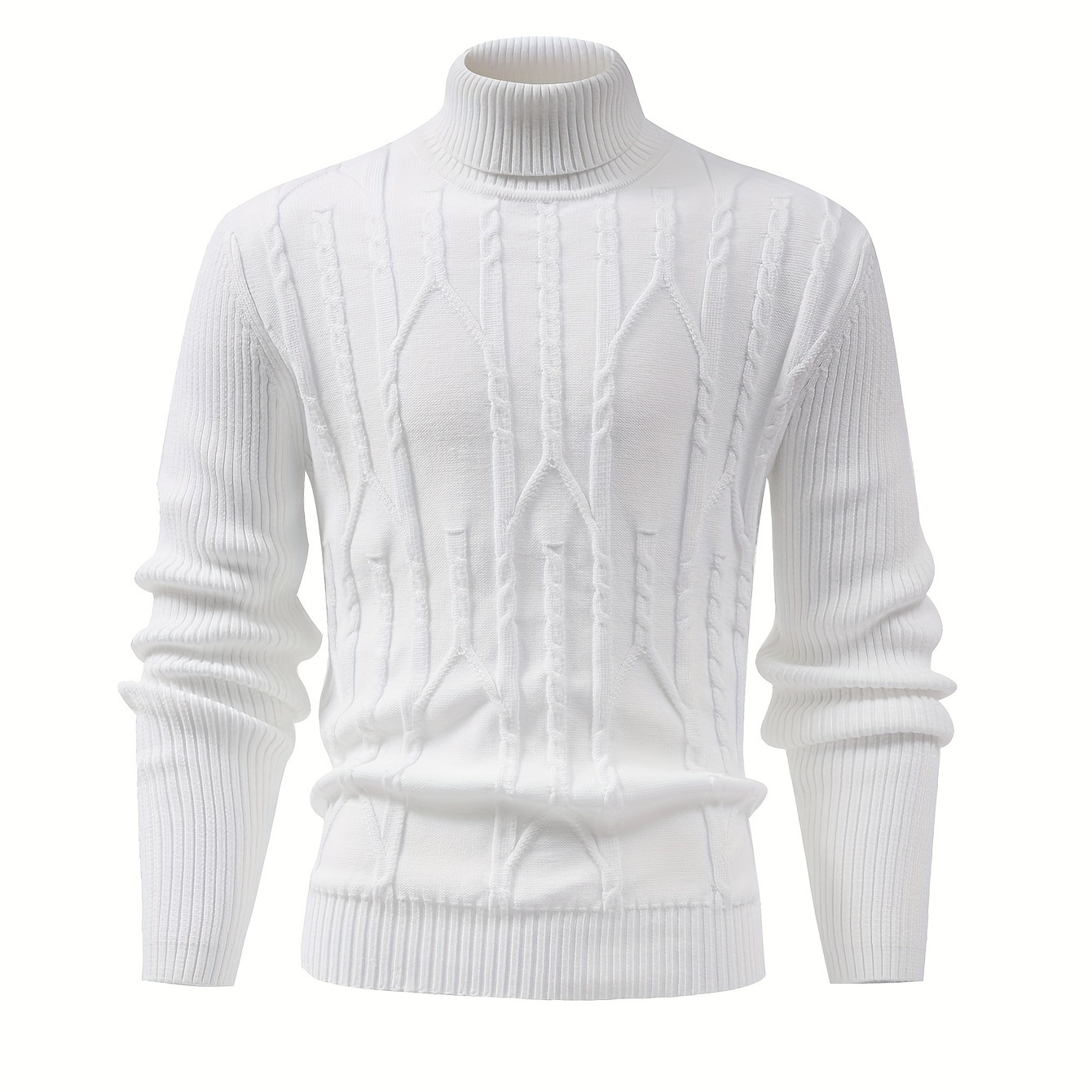 

Men'-inspired Cable Knit Sweater - Warm, Stretchy Polyester Turtleneck In | Long Sleeve, Ribbed Detail,