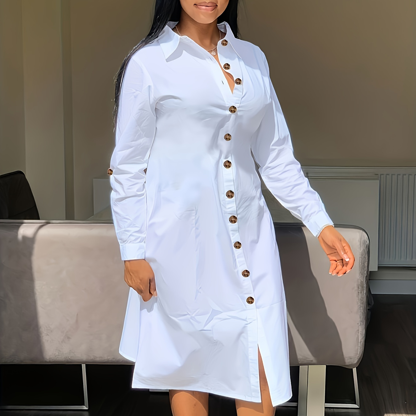 

Staple, Chic White Long Sleeve Shirt Dress For Women - Casual Polyester , Machine Washable, Spring/fall