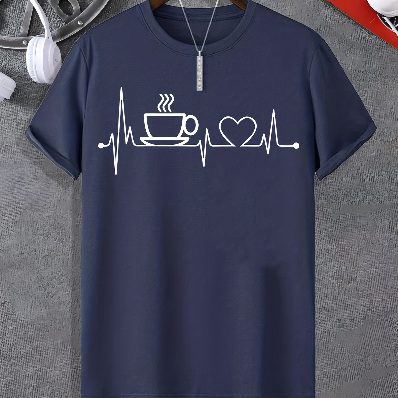 

Tees For Men, Hot Coffee And Heart Graphic Print T-shirt, Casual Short Sleeve T-shirt For Summer Spring Fall, Tops As Gifts