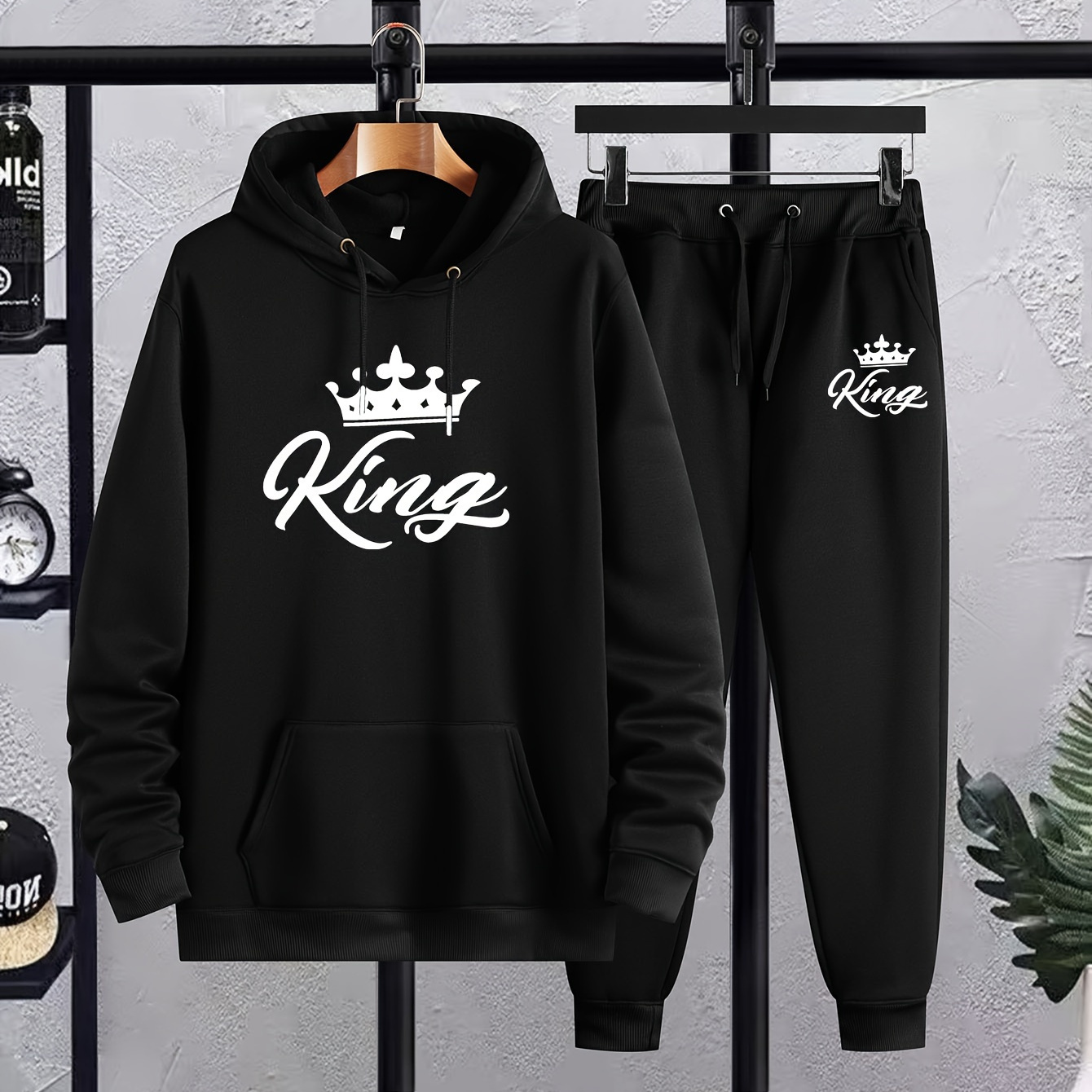 

Plus Size Men's "king" Print Hooded Sweatshirt Set For Spring Fall, 2pcs Outdoor Sports Outfits