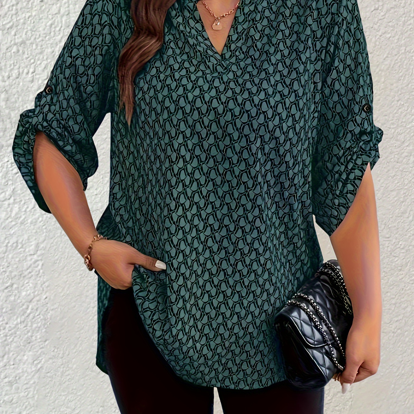 

Plus Size Boho Blouse, Women's Plus Allover Print Roll Up Long Sleeve Notched Neck Tunic Shirt Top