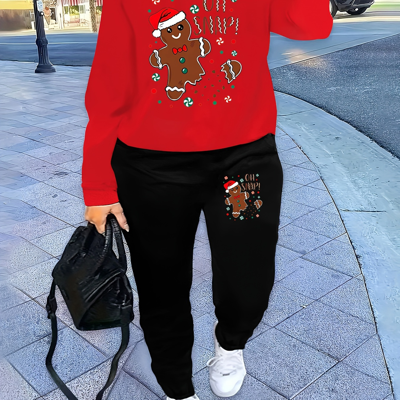 

Festive Christmas Gingerbread Sweatshirt And Pants Set - Women's Fashion, Knit Fabric, Polyester Blend, Casual Style, Fall/winter Season, Round Neckline, Christmas Pattern, No Details