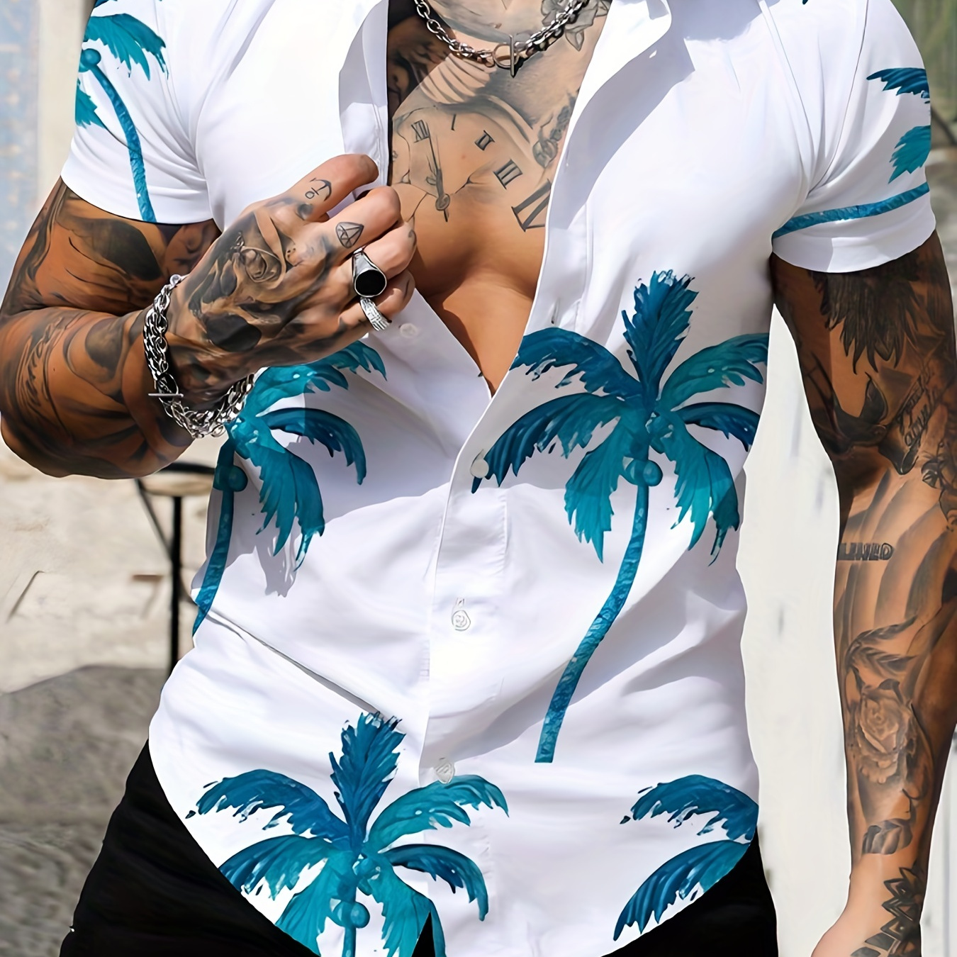 

Men's Hawaiian Shirts, Coconut Palm 3d Print Fashion Short Sleeve V-neck Button Down Shirts, Men's Summer Clothes, Casual Graphic Tops, Men's Novelty Pajamas Tops