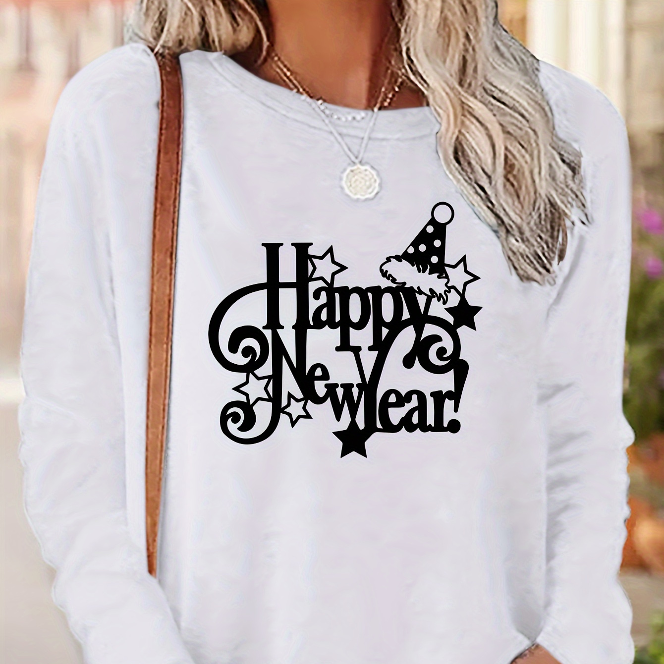

Happy New Year Print T-shirt, Long Sleeve Crew Neck Casual Top For Spring &fall. Women's Clothing