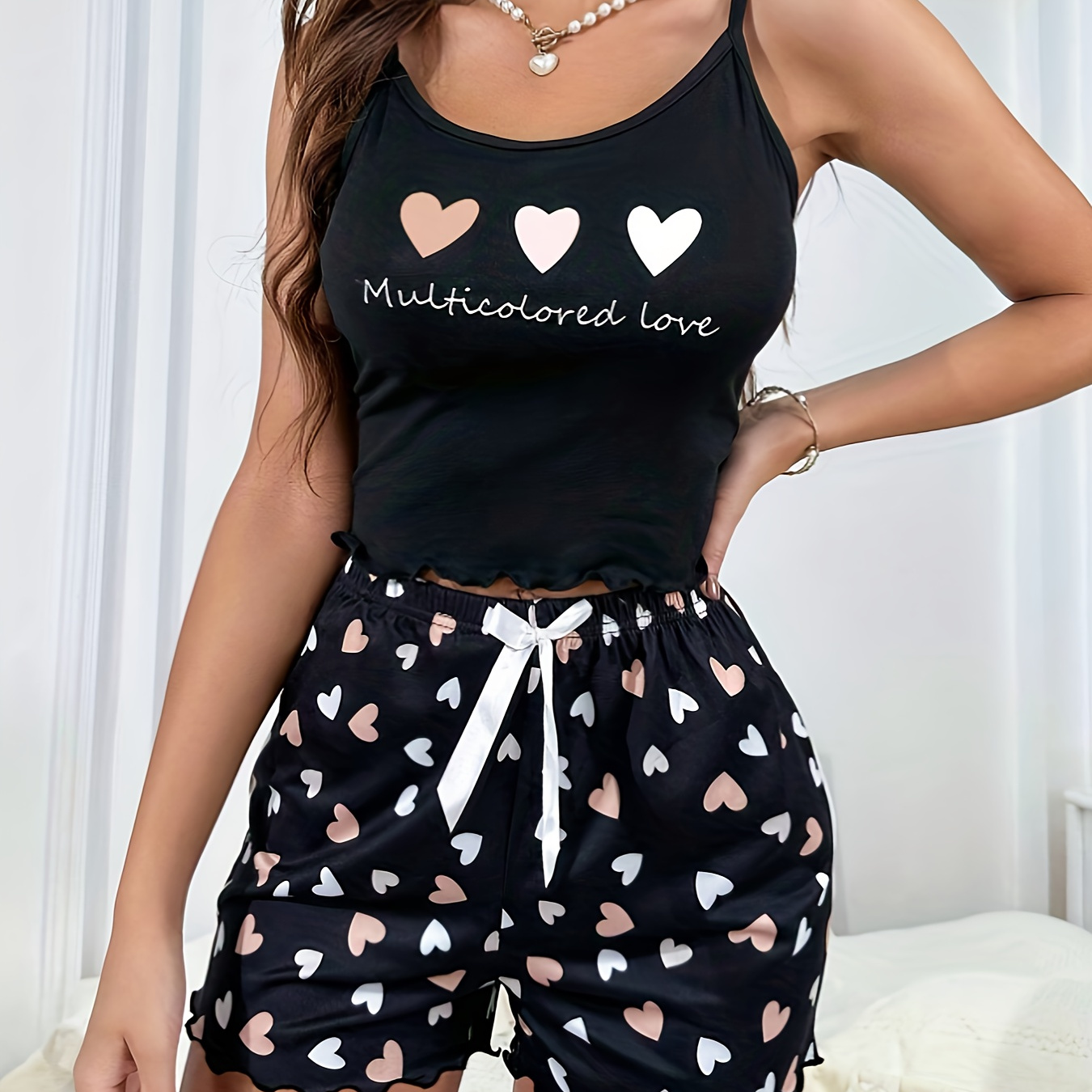 

Women's Heart & Letter Print Frill Trim Casual Pajama Set, Round Neck Backless Crop Cami Top & Shorts, Comfortable Relaxed Fit, Summer Nightwear