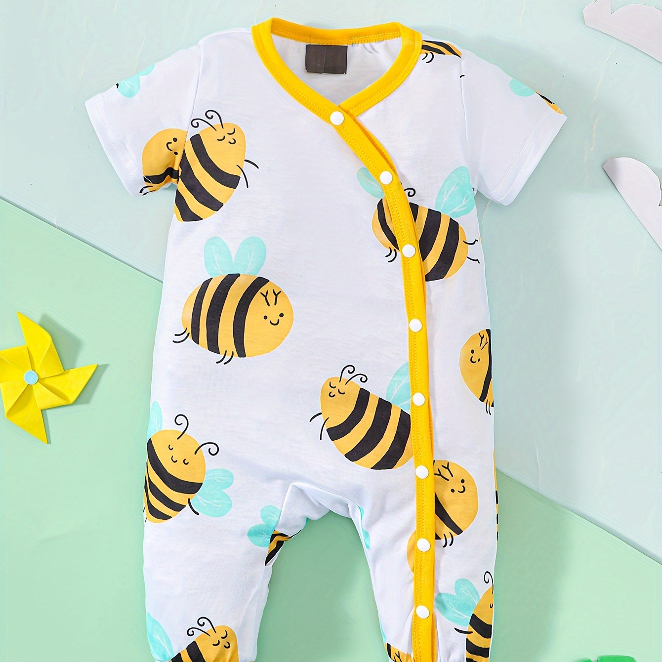 

Baby Boys Cartoon Bee Allover Print Bodysuit, Casual Round Neck Short Sleeve Romper, Baby Boy's Clothing