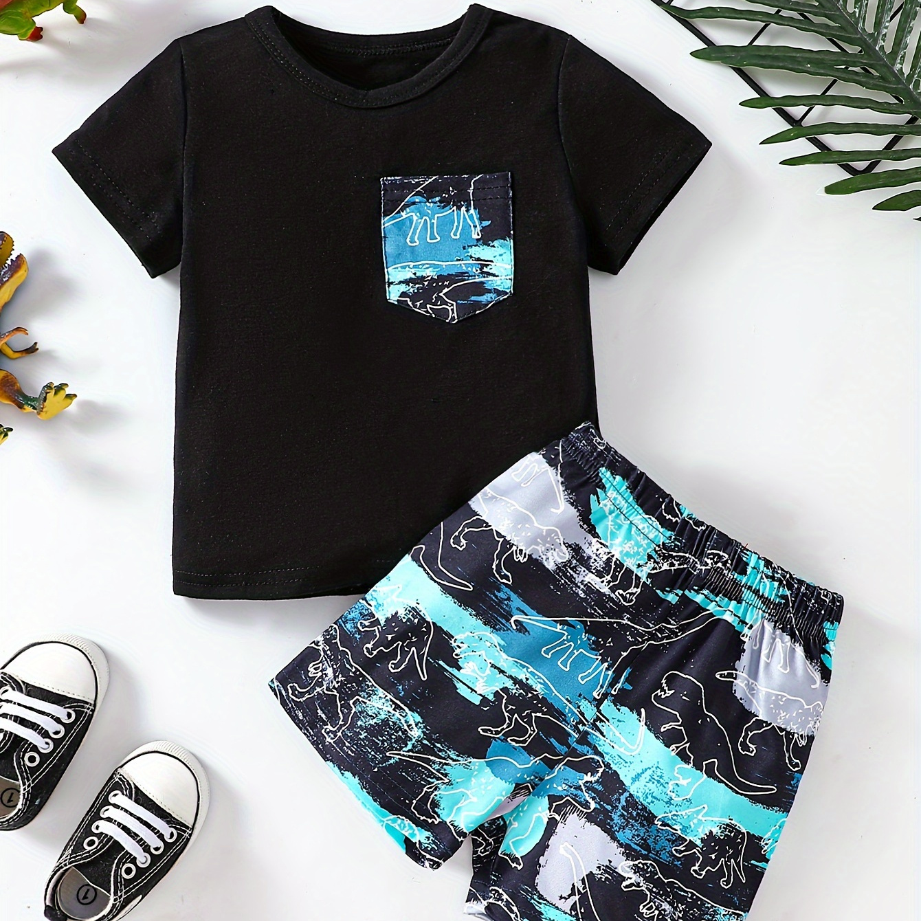 

2pcs Toddler's Dinosaur & Paint Print Summer Set, T-shirt & Casual Shorts, Baby Boy's Clothes