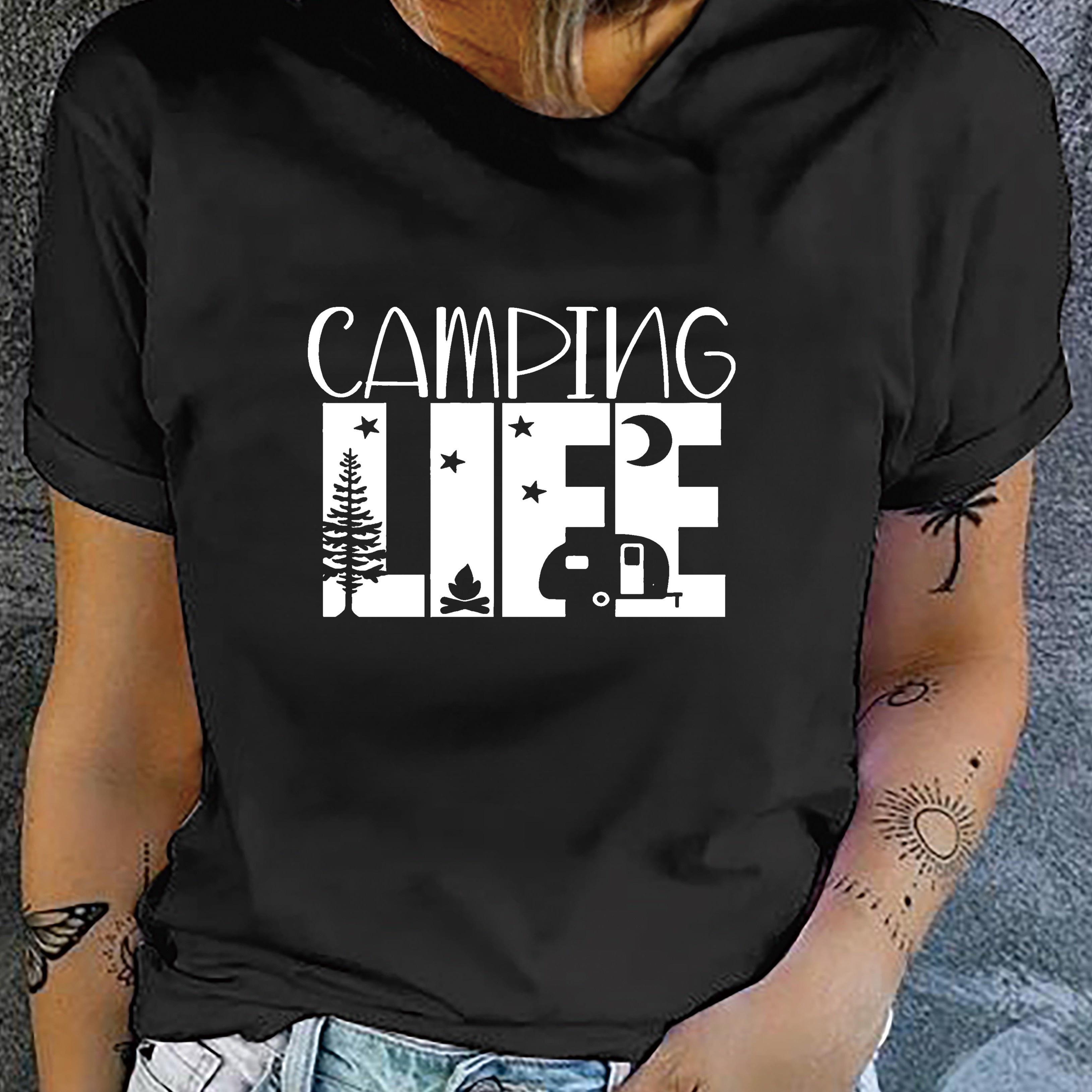 

Camping Life Print T-shirt, Short Sleeve Crew Neck Casual Top For Summer & Spring, Women's Clothing