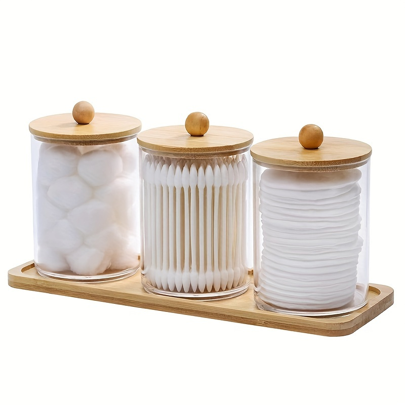 TEMU 3pcs/set 10 Oz Cotton Swab/ball/pad Holder With Vanity Tray, Apothecary Jar With Wood Lids, Clear Bathroom Containers Dispenser For Storage