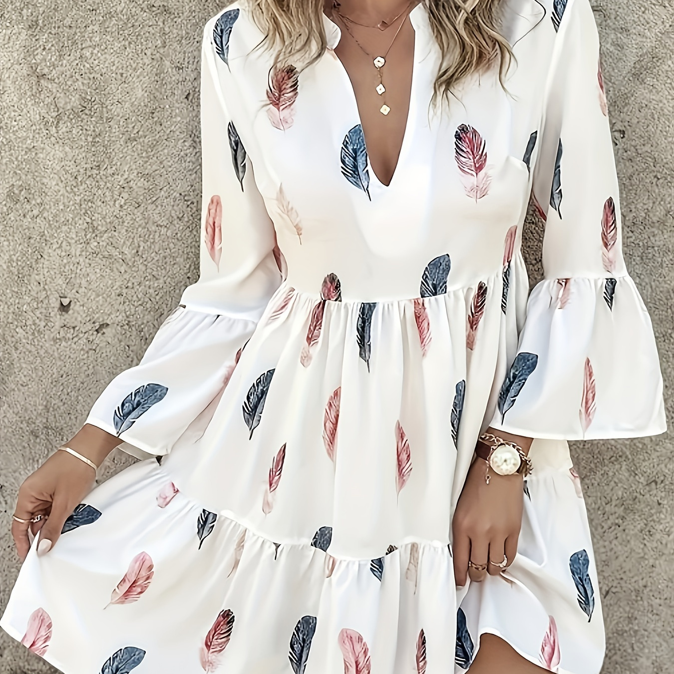 

Feather Print Notched Neck Dress, Elegant Flare Sleeve Ruffle Hem Aline Dress For Spring & Fall, Women's Clothing