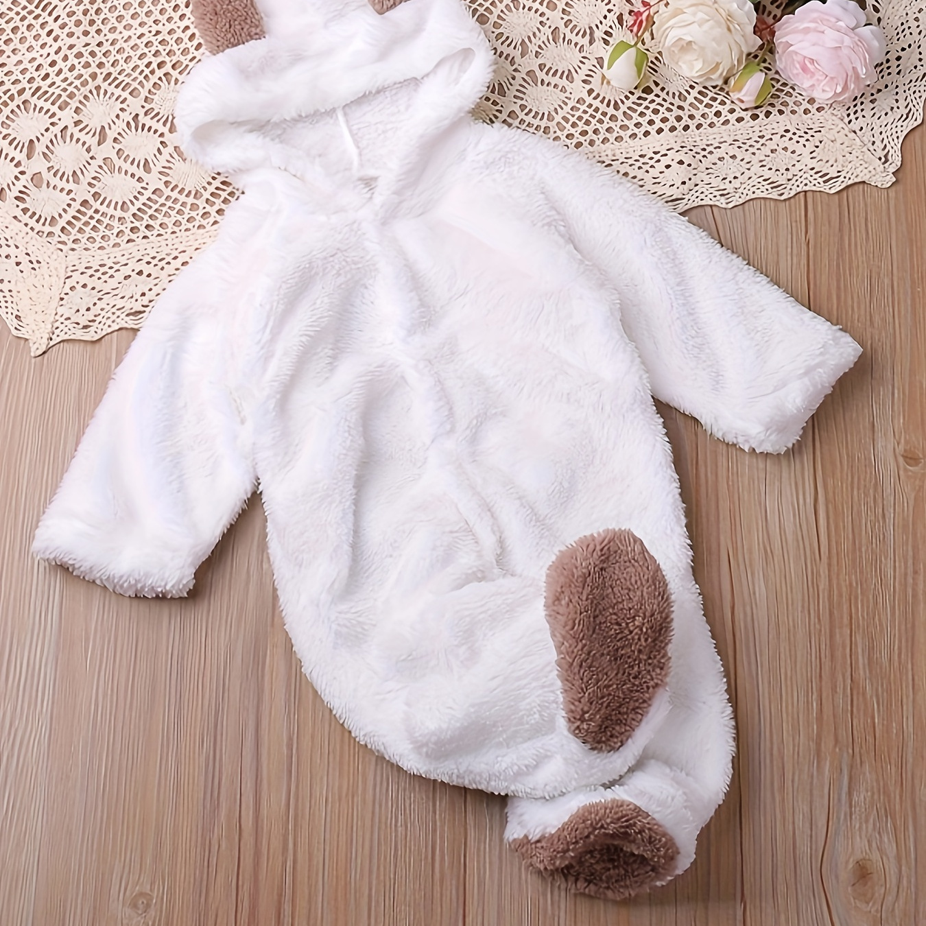 

Newborn Baby Cute Warm Hooded Romper, Coral Fleece Hooded Long Sleeve Bodysuit