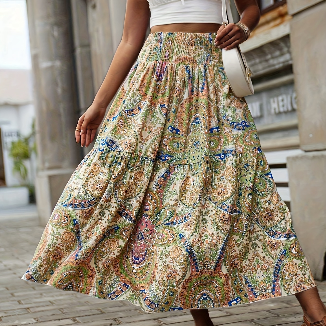 

Paisley Print Shirred Waist Skirt, Vacation Style Midi Skirt For Spring & Summer, Women's Clothing
