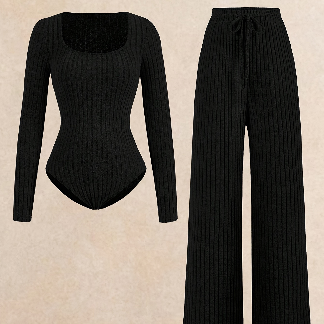 

Elegant Women's Fall/winter Bodysuit & Pants Set - High Stretch, Solid Color, Machine Washable