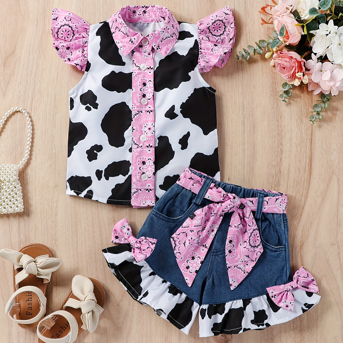 

Baby's Cow Pattern 2pcs Stylish Summer Outfit, Cap Sleeve Blouse & Ruffle Trim Denim Shorts Set, Toddler & Infant Girl's Clothes For Daily/holiday/party