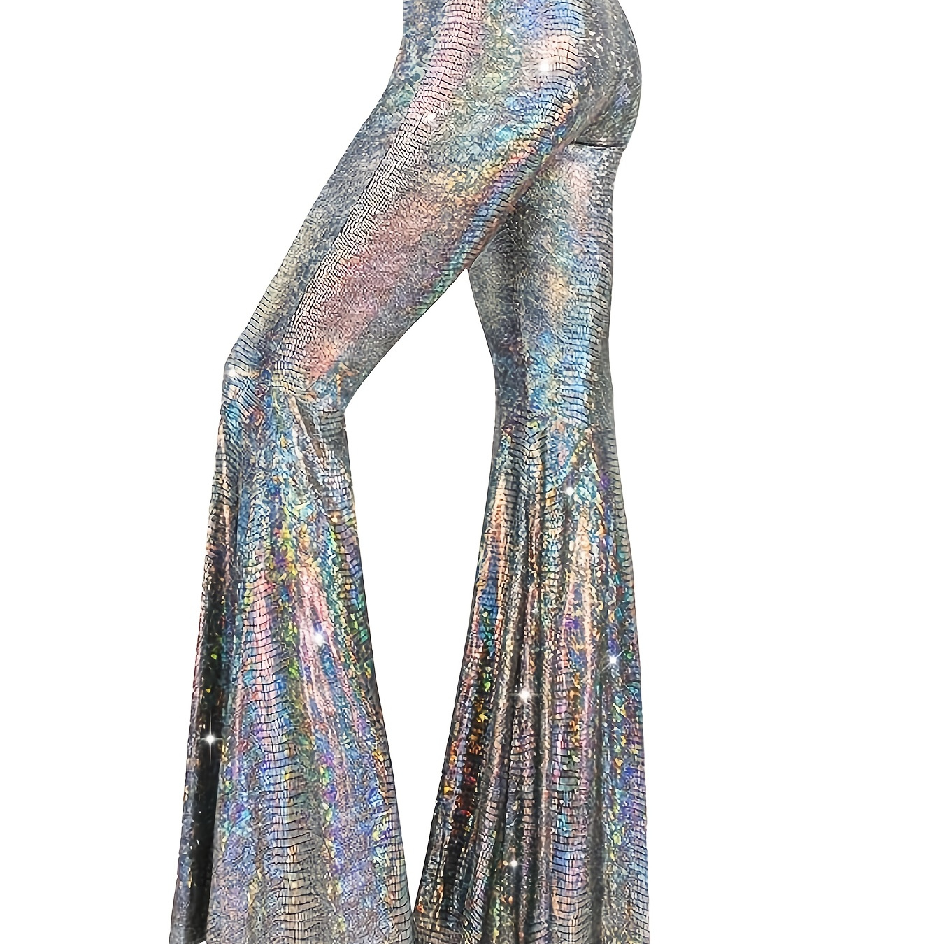 TEMU Women's Iridescent Block Print Flare Pants, Shiny High-waist Nightclub Outfit, Long Trousers, Wide-leg Flare Pants