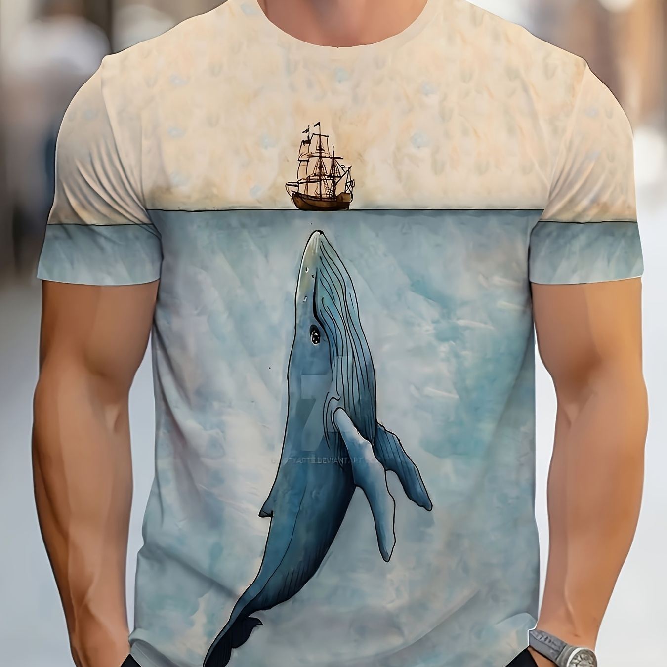 

Men's Casual T-shirt With Whale Print - Breathable Polyester, Crew Neck, Short Sleeve - Summer